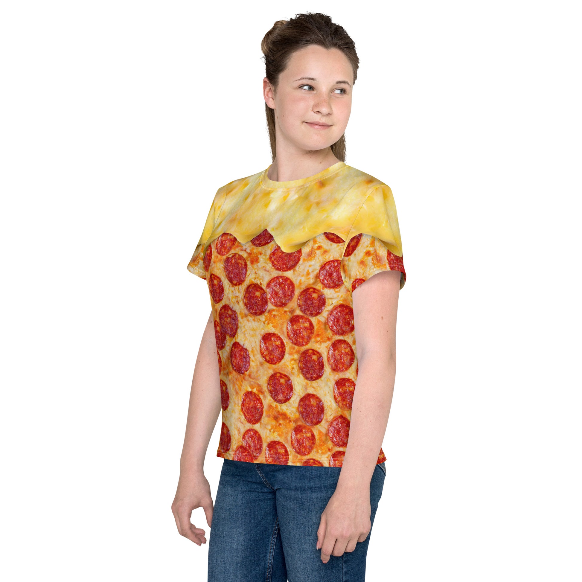 Pepperoni pizza all over print t-shirt with cheese melting over the shoulders, teenage girl model, front left