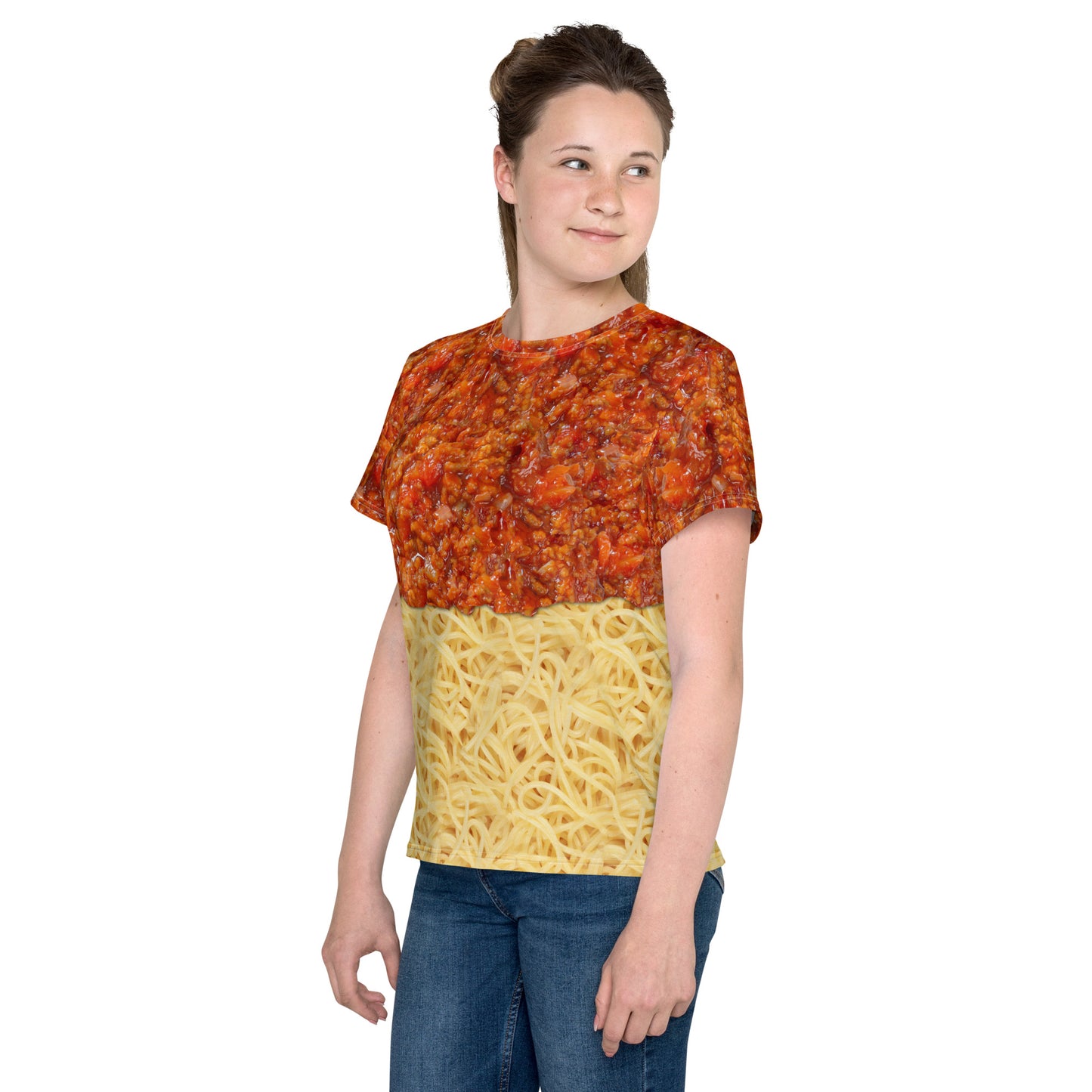 Teenage girl wearing an all over print spaghetti bolognese T-shirt with bolognese layered on top of the spaghetti, left side.