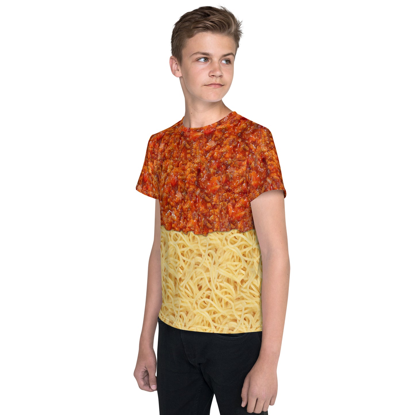 Teenage boy wearing an all over print spaghetti bolognese T-shirt with bolognese on top of the spaghetti, left side.