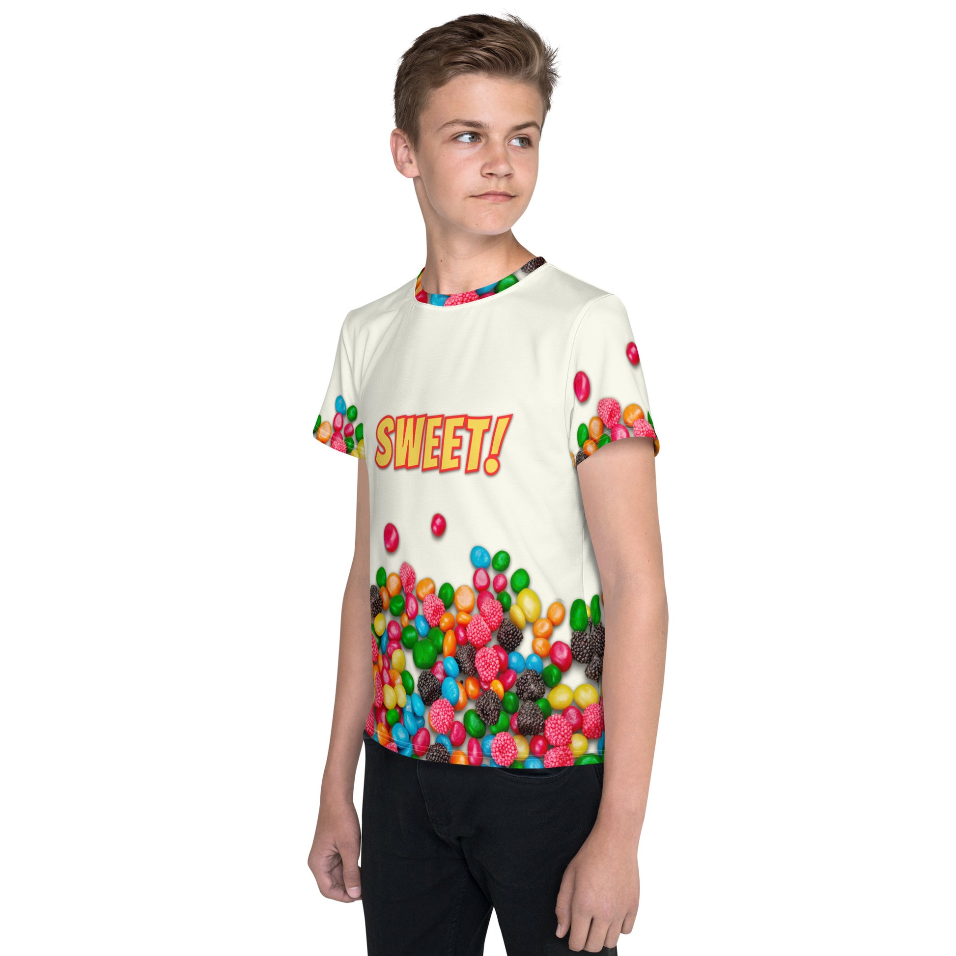 teenage boy wearing sweet as candy sugar high all over print t-shirt, front left view.