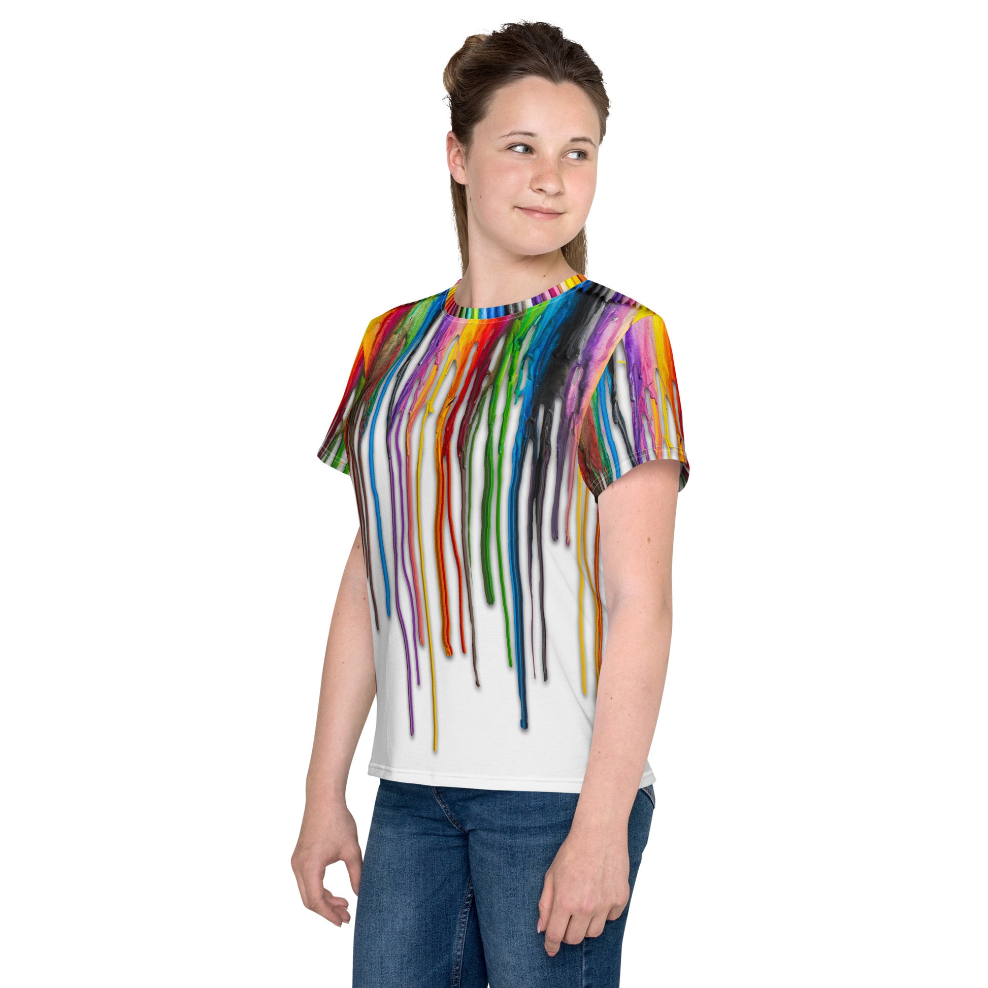 Teenage girl wearing an all over print Melted Crayons Dripping down the shirt T-shirt, left view.