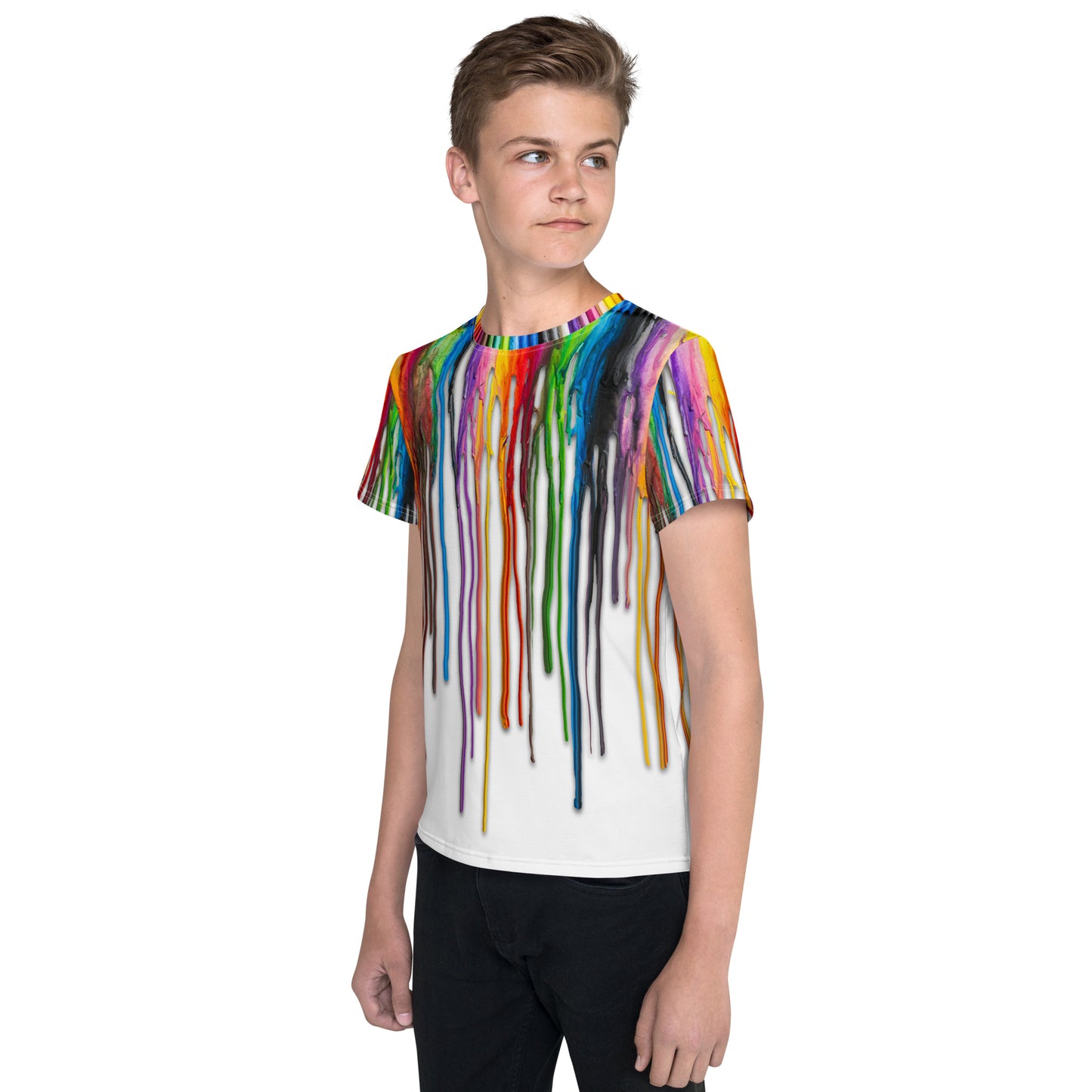 Teenage boy wearing an all over print Melted Crayons Dripping down the shirt T-shirt, front left view.