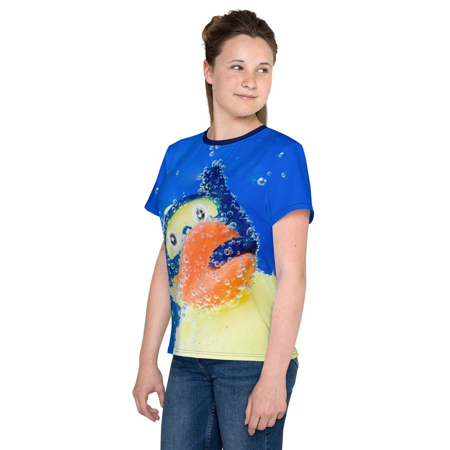 Teenage girl wearing an All over print Rubber Duck Snorkelling Underwater T-shirt, front left.