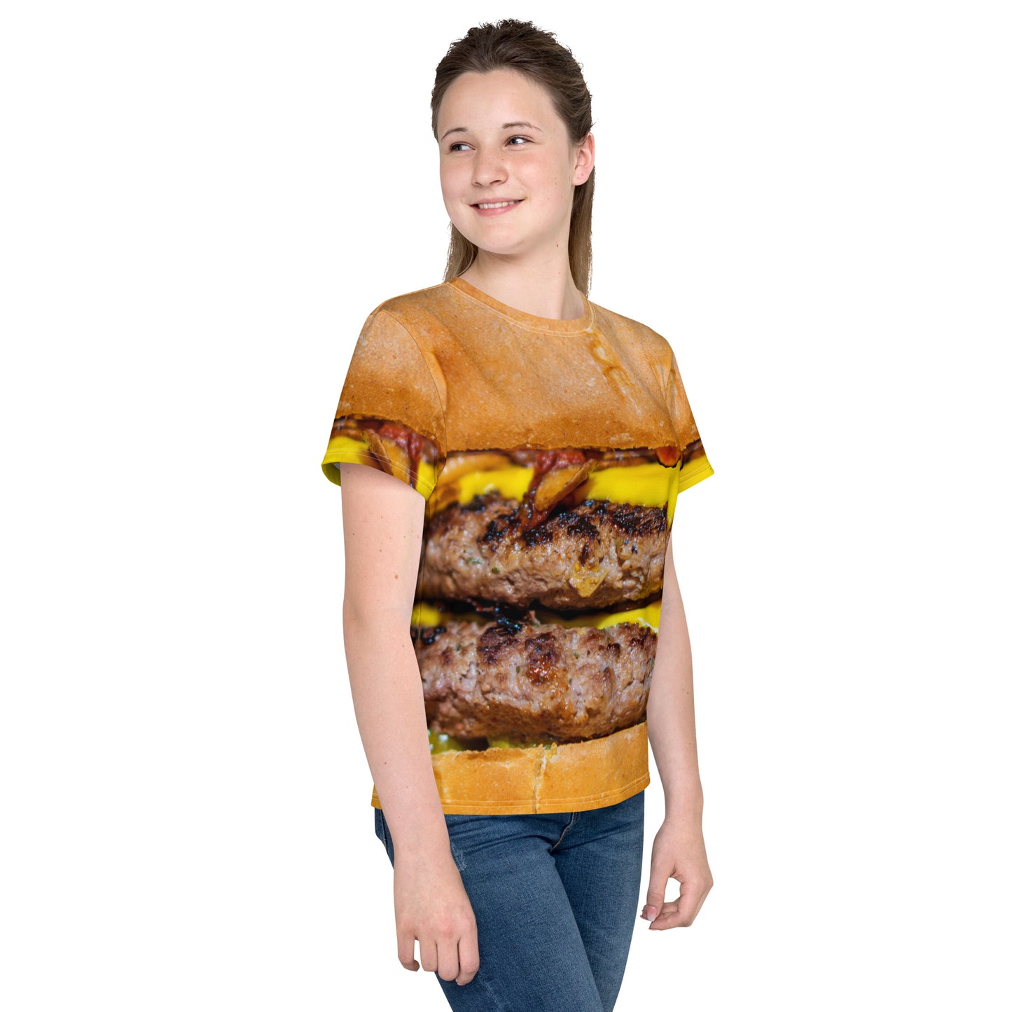 Teenage girl wearing Cheeseburger all over print T-shirt, front right view