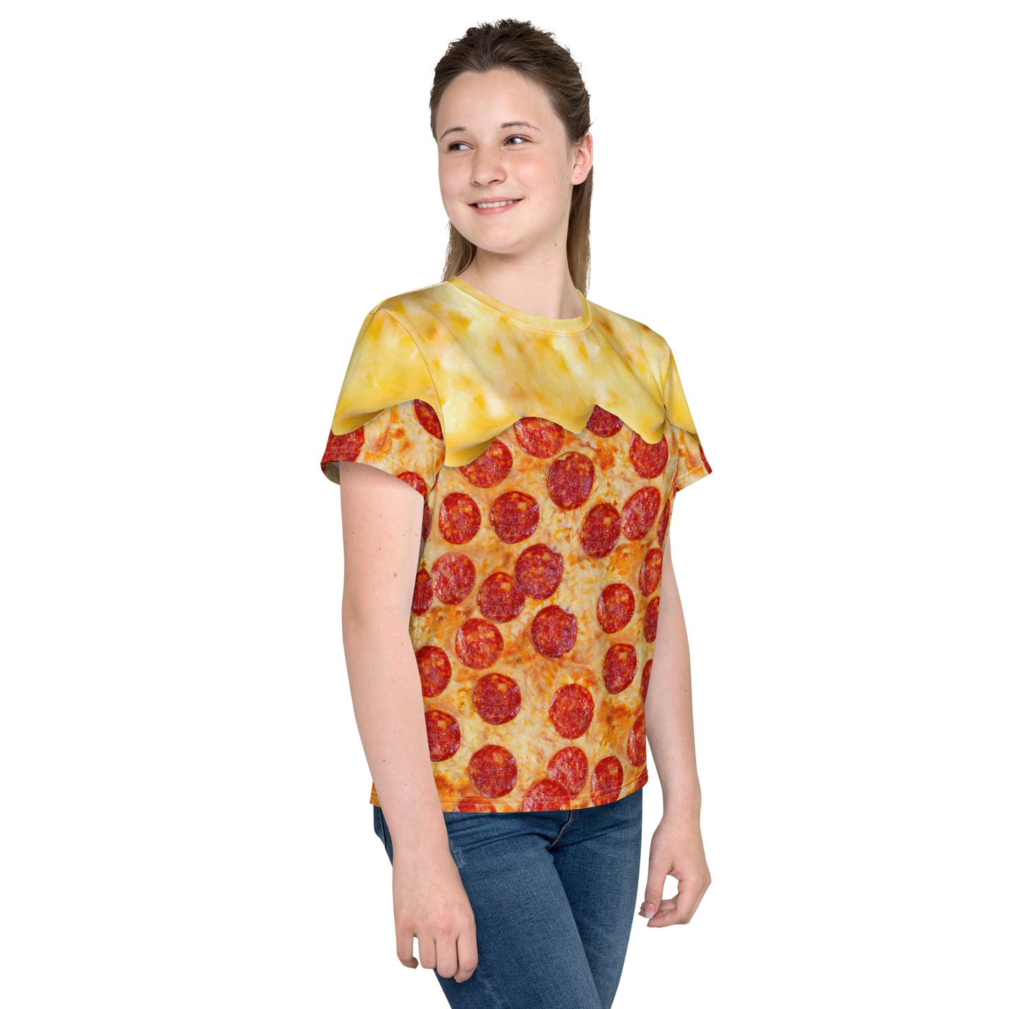 Pepperoni pizza all over print t-shirt with cheese melting over the shoulders, teenage girl model, front right view