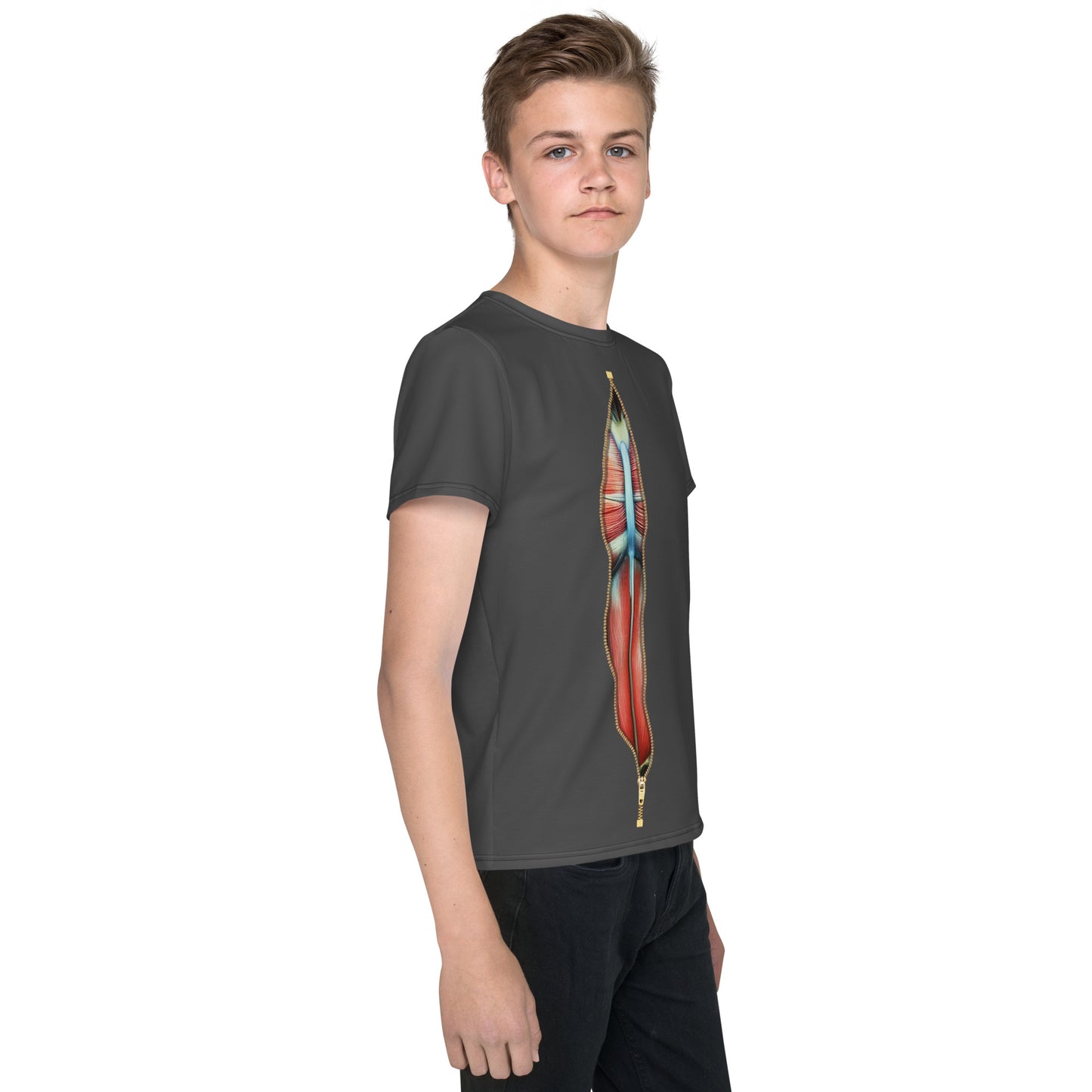 Teenage boy wearing a novelty grey black T-shirt with an open zipper design on the front, revealing a skinned human torso, right view