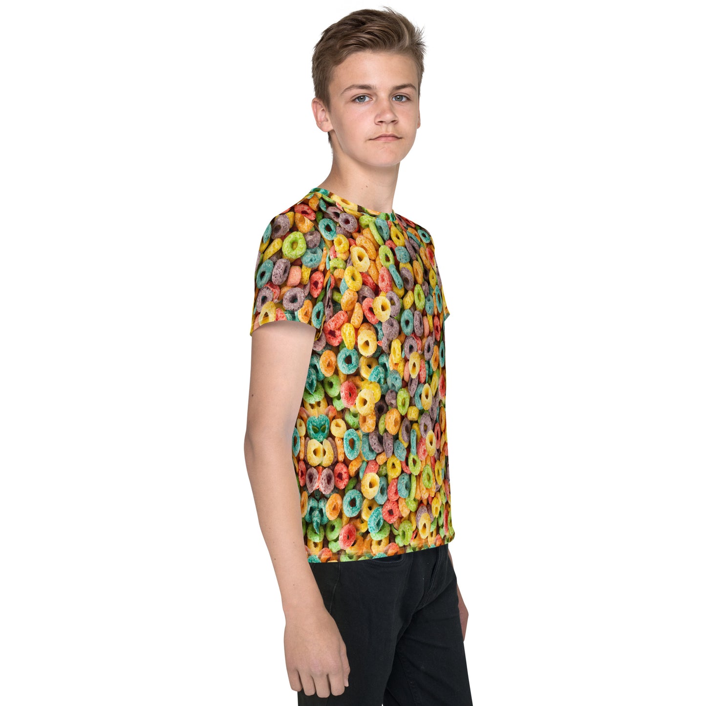 Teenage boy wearing fruity cereal hoops all over print T-shirt right view