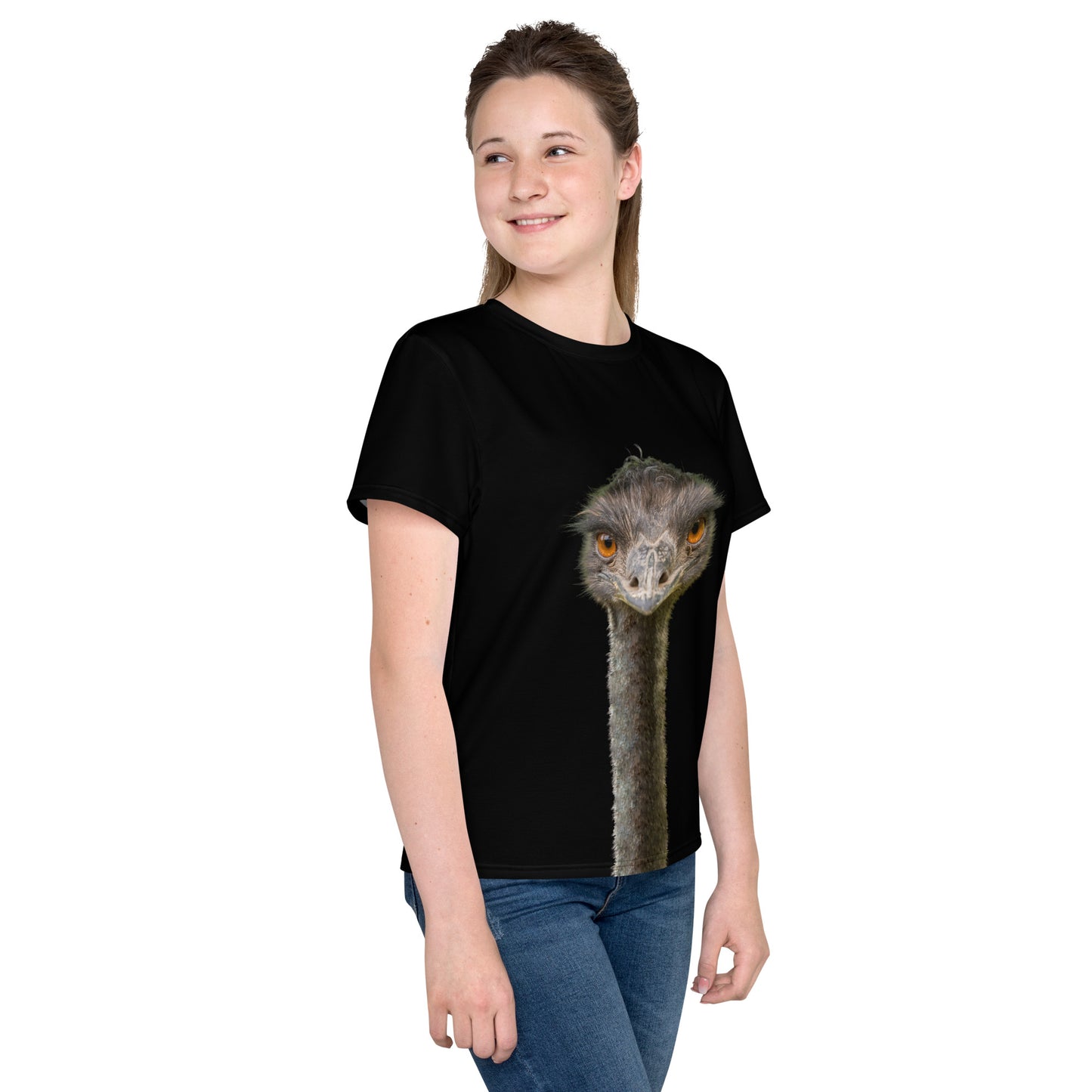 Teenage girl wearing a black T-shirt with an Emus head and neck on the back and front, front right view