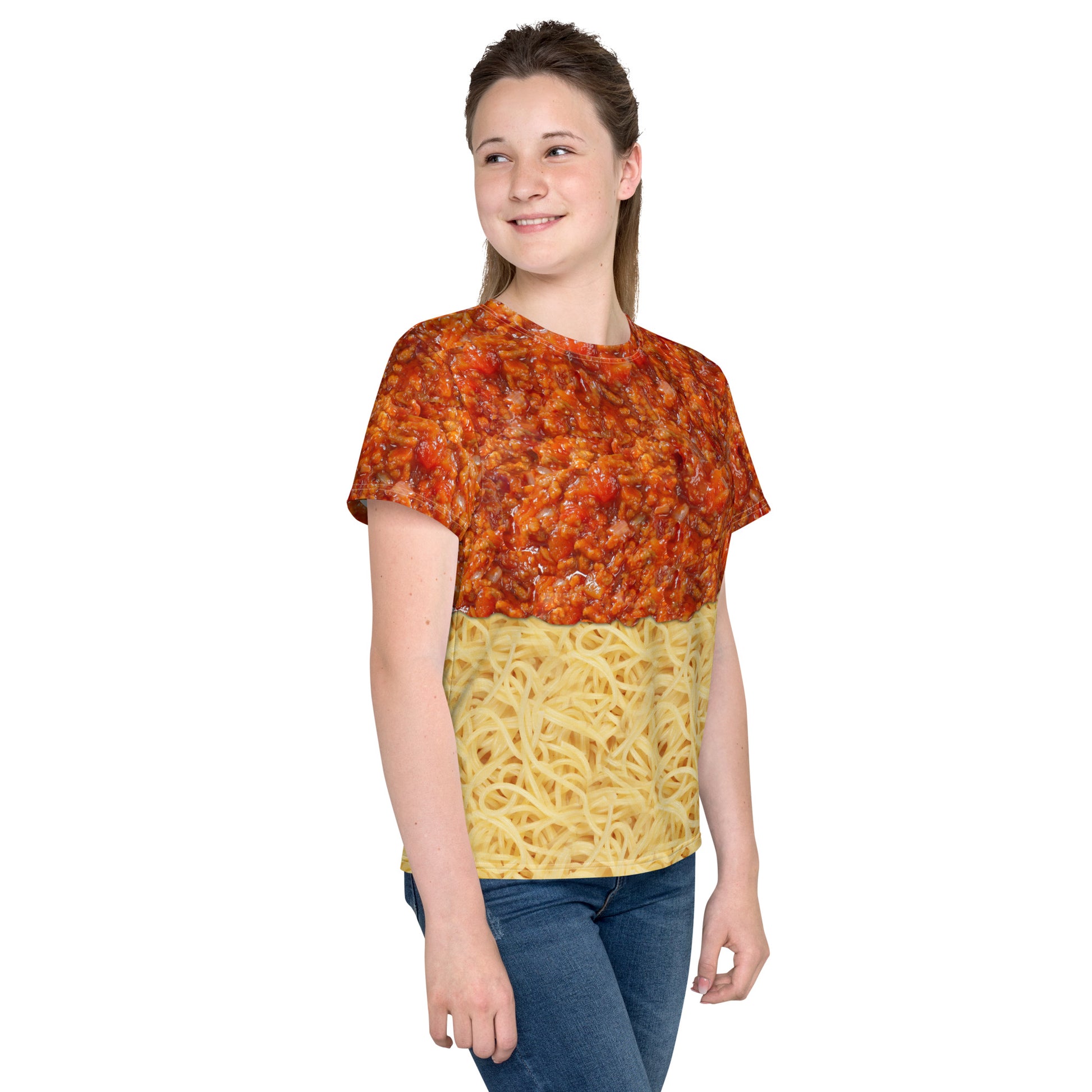 Teenage girl wearing an all over print spaghetti bolognese T-shirt with bolognese layered on top of the spaghetti, right side.