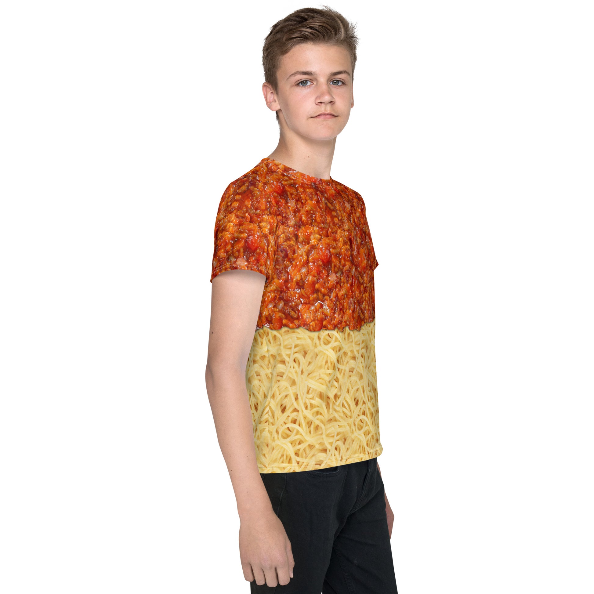 Teenage boy wearing an all over print spaghetti bolognese T-shirt with bolognese on top of the spaghetti, right side.