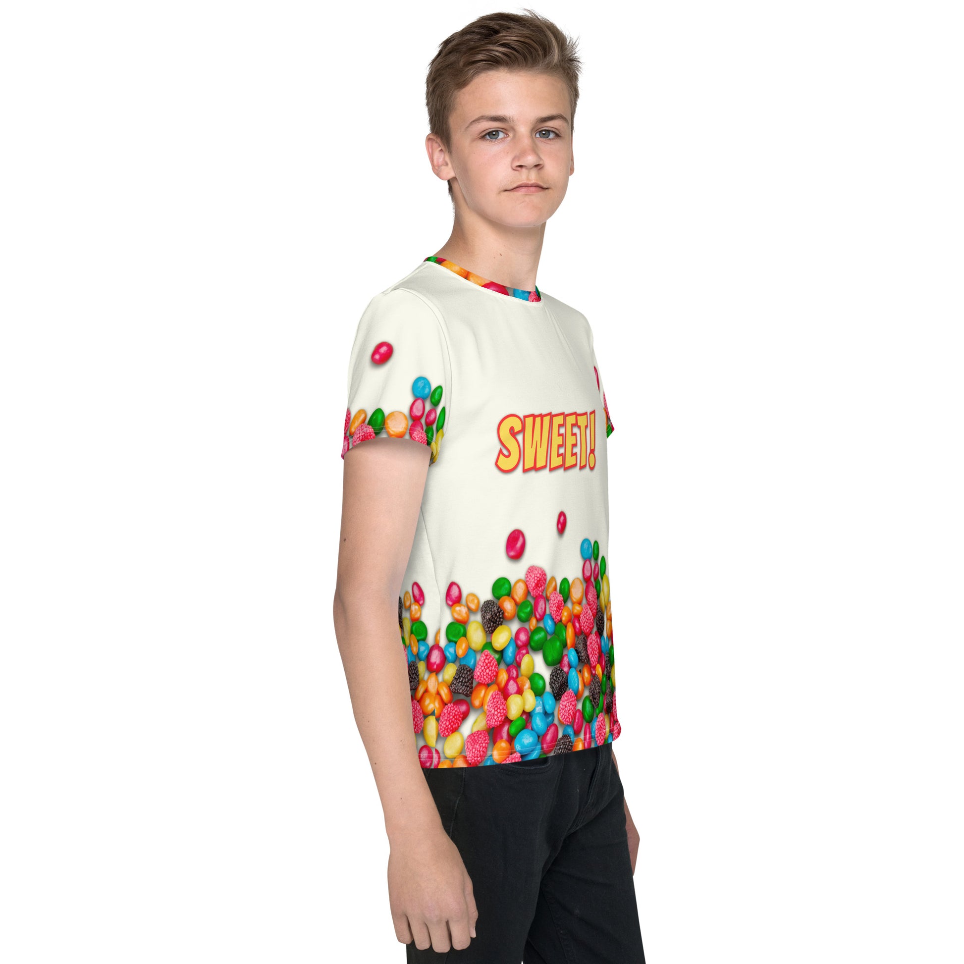 teenage boy wearing sweet as candy sugar high all over print t-shirt, right side view.