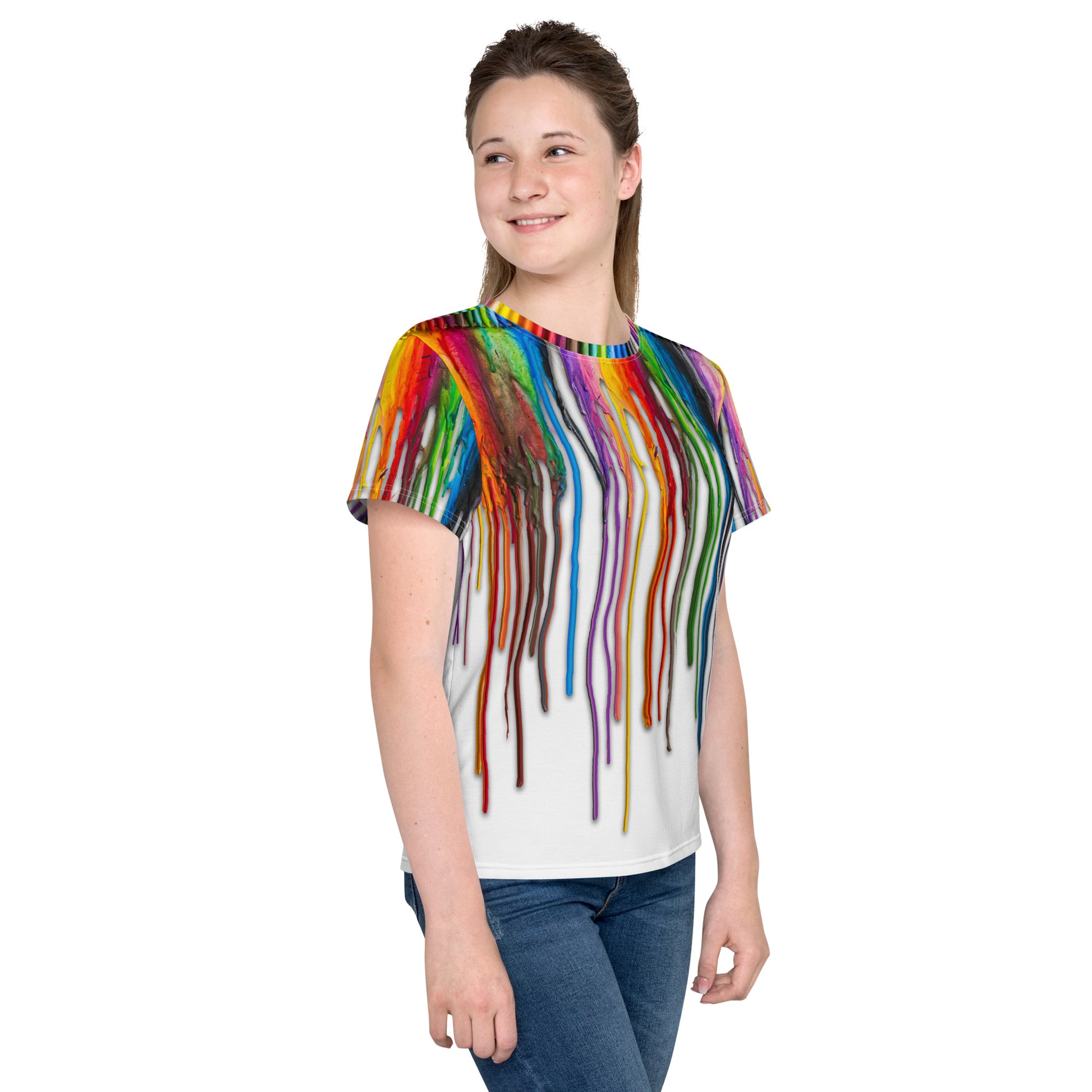 Teenage girl wearing an all over print Melted Crayons Dripping down the shirt T-shirt, right side.