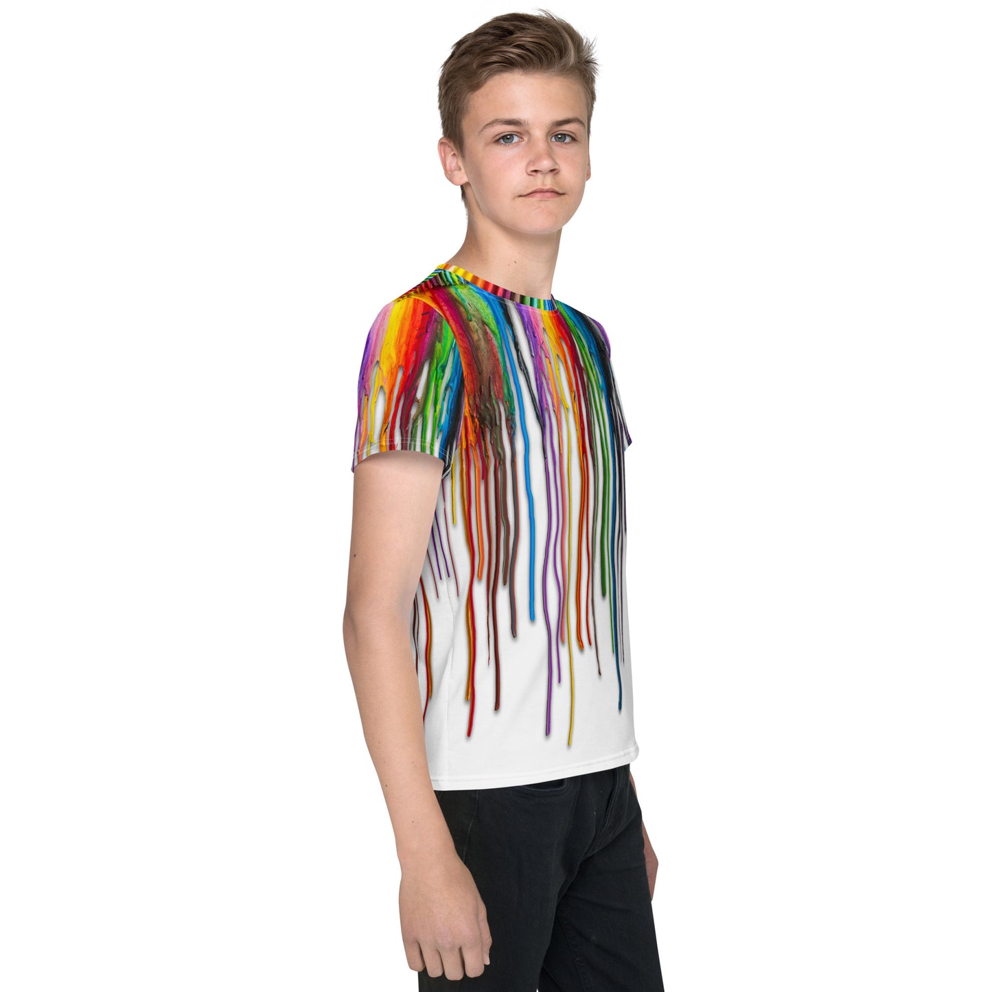 Teenage boy wearing an all over print Melted Crayons Dripping down the shirt T-shirt, right view.