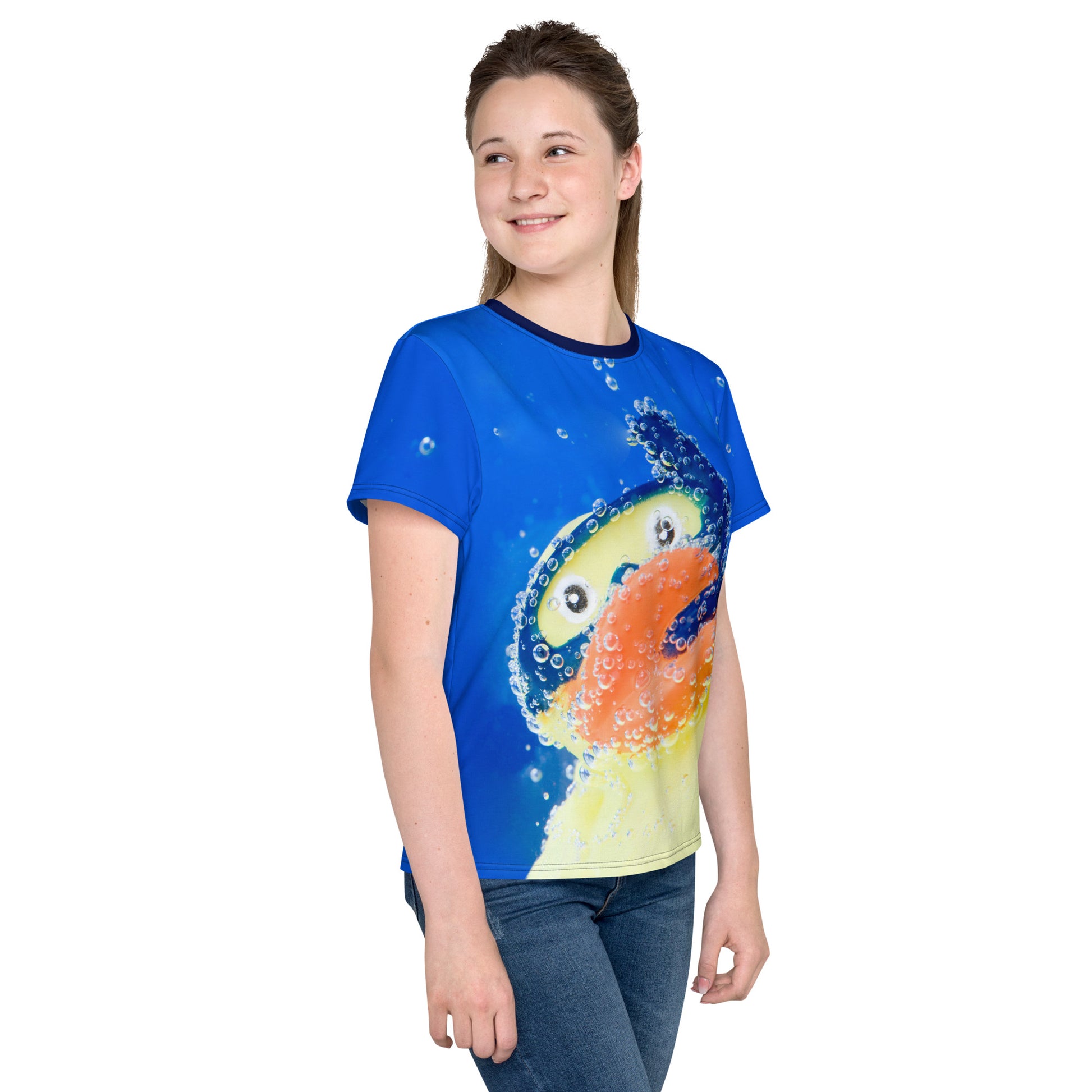 Teenage girl wearing an All over print Rubber Duck Snorkelling Underwater T-shirt, front right view.