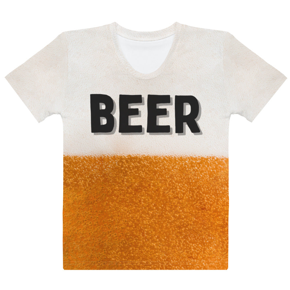 Women's BEER BUBBLES all over print T-shirt with BEER text laid flat front