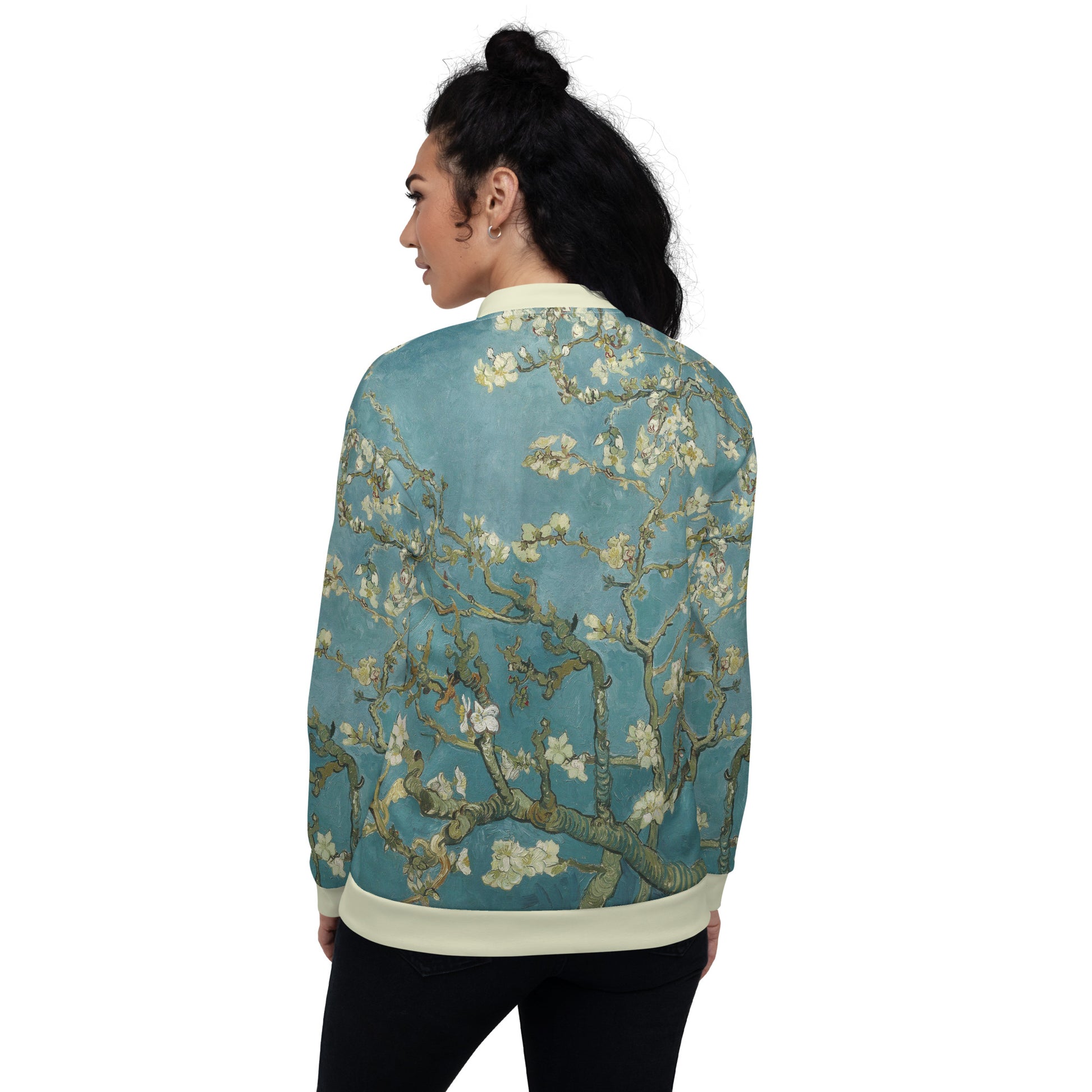 All over printed lightweight bomber style jacket featuring Vincent Van Gogh's Almond Blossom. women's back view.