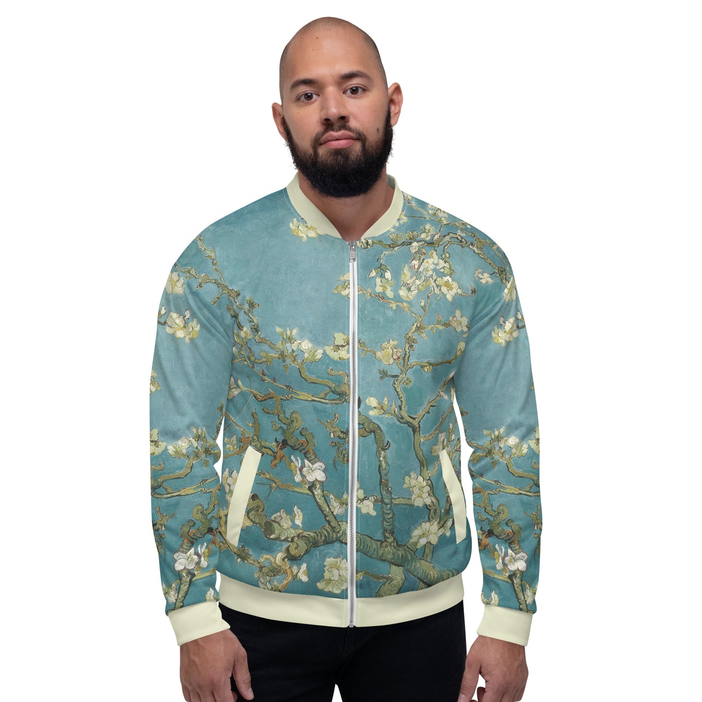 All over printed lightweight bomber style jacket featuring Vincent Van Gogh's Almond Blossom. Men's, front view.