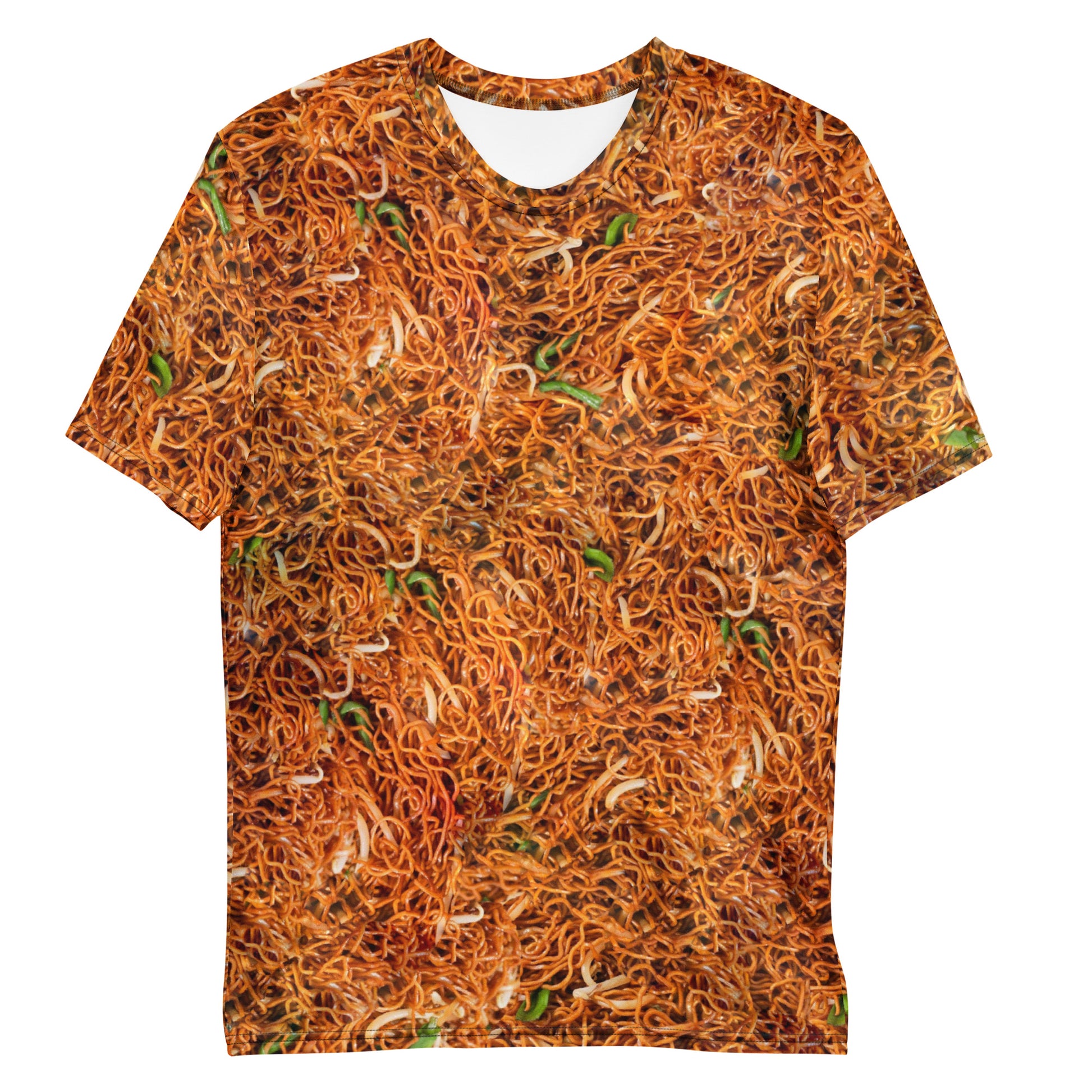 Chow mein chinese noodles men's all over print T-shirt, laid flat, front view.