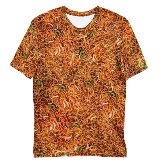 Chow mein chinese noodles men's all over print T-shirt, laid flat, front view.