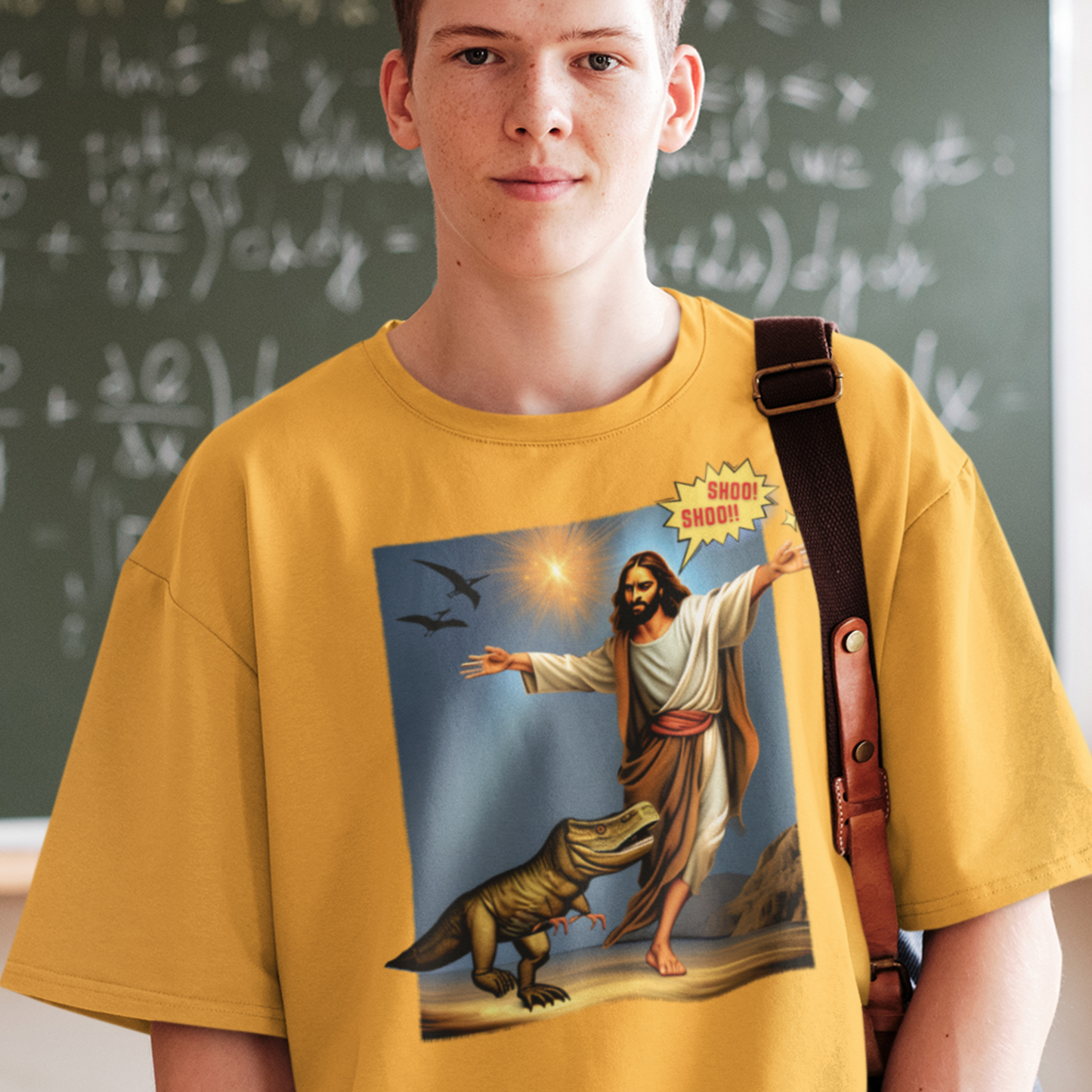 young male student wearing a gold coloured T-shirt featuring Jesus Shoo Shooing away a dinosaur with pterodactyls flying near a star design