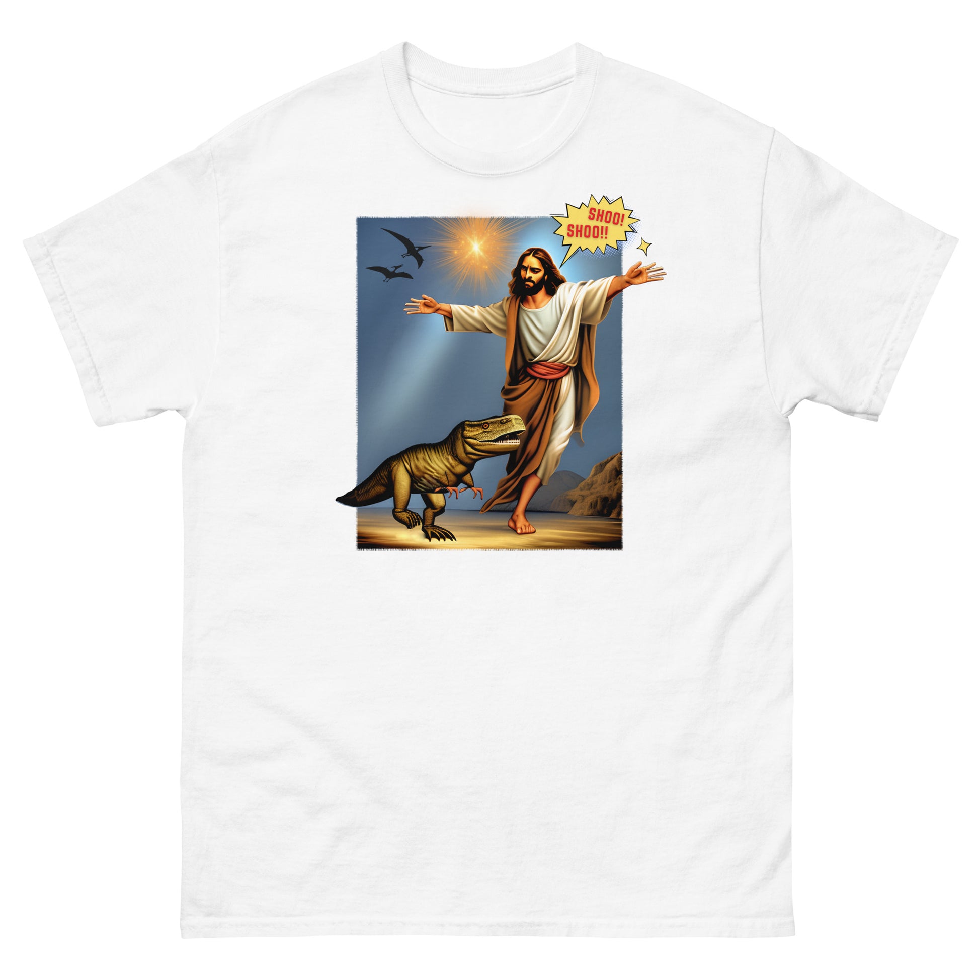 white T-shirt featuring Jesus Shoo Shooing away a dinosaur with pterodactyls flying near a star design