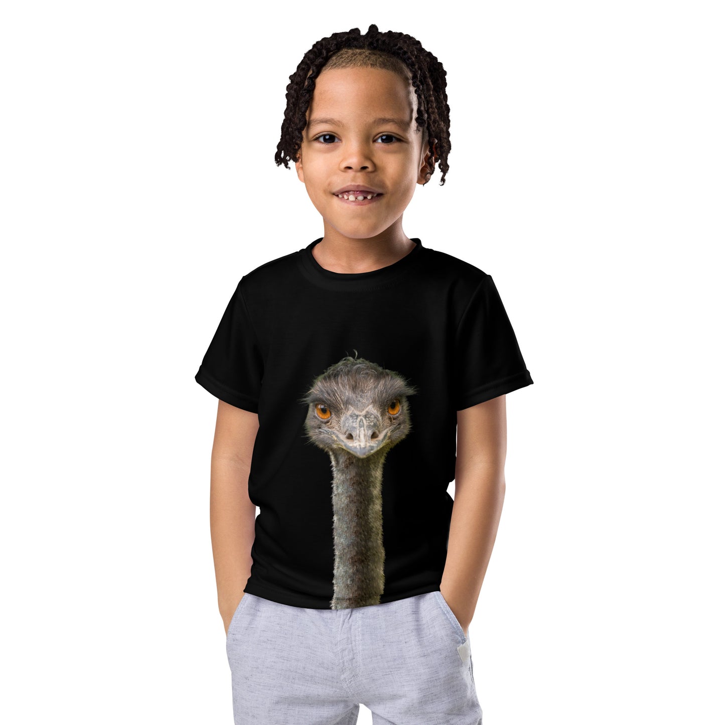 Little boy wearing a black T-shirt with a tall Emu head and neck on both the front and back of the shirt, front view