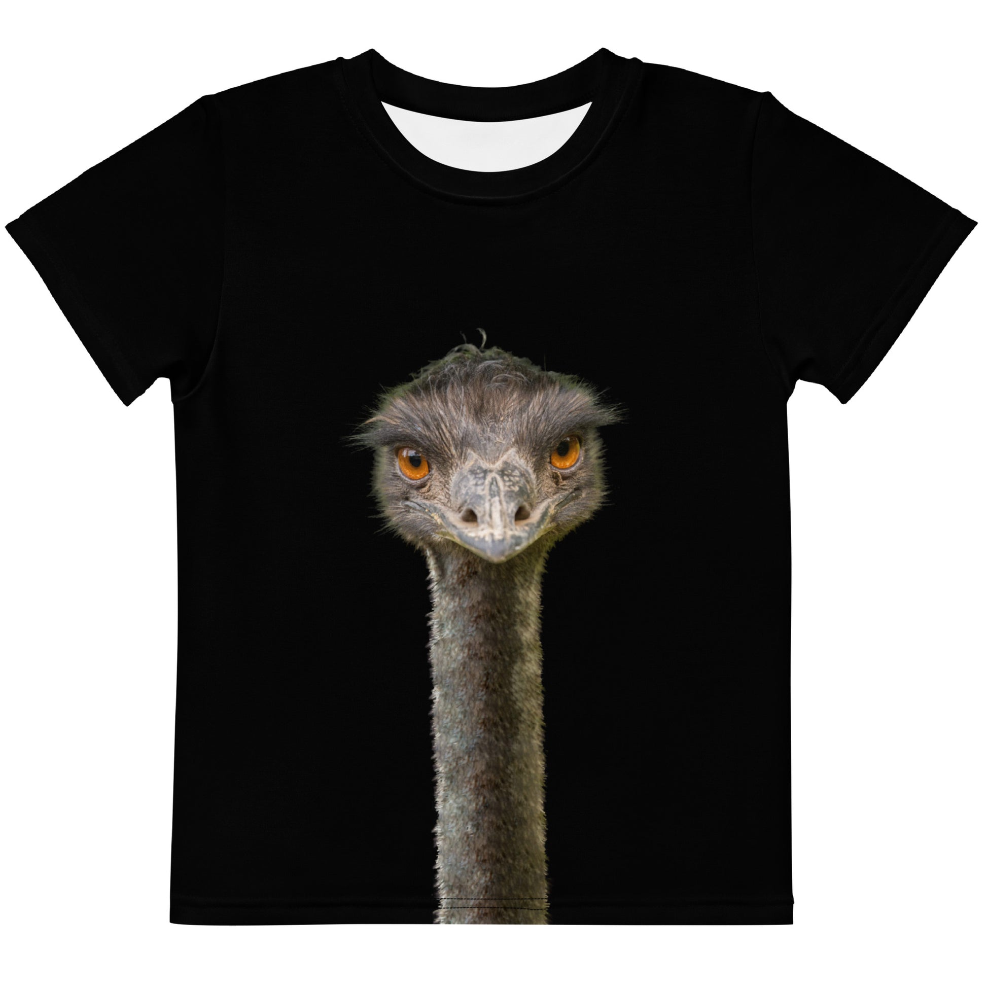 Black T-shirt with a tall Emu head and neck on both the front and back of the shirt, laid flat, front view