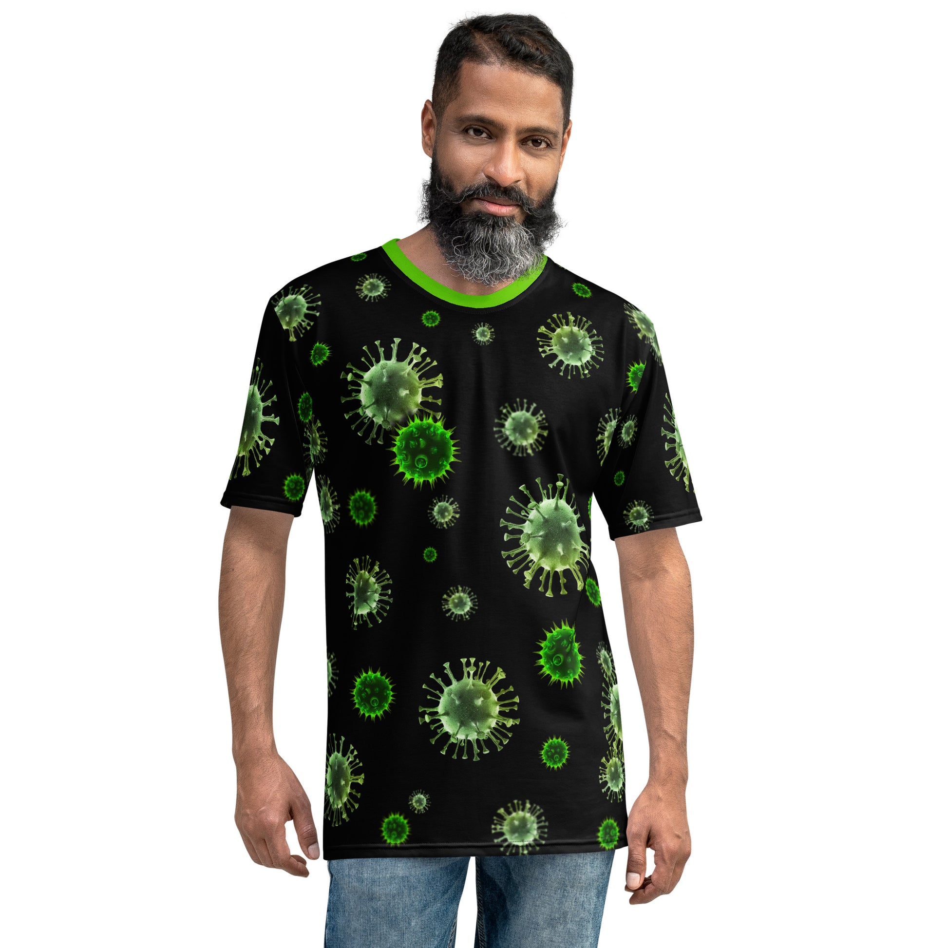 male model wearing Virus microbes novelty all over print men's t-shirt front view