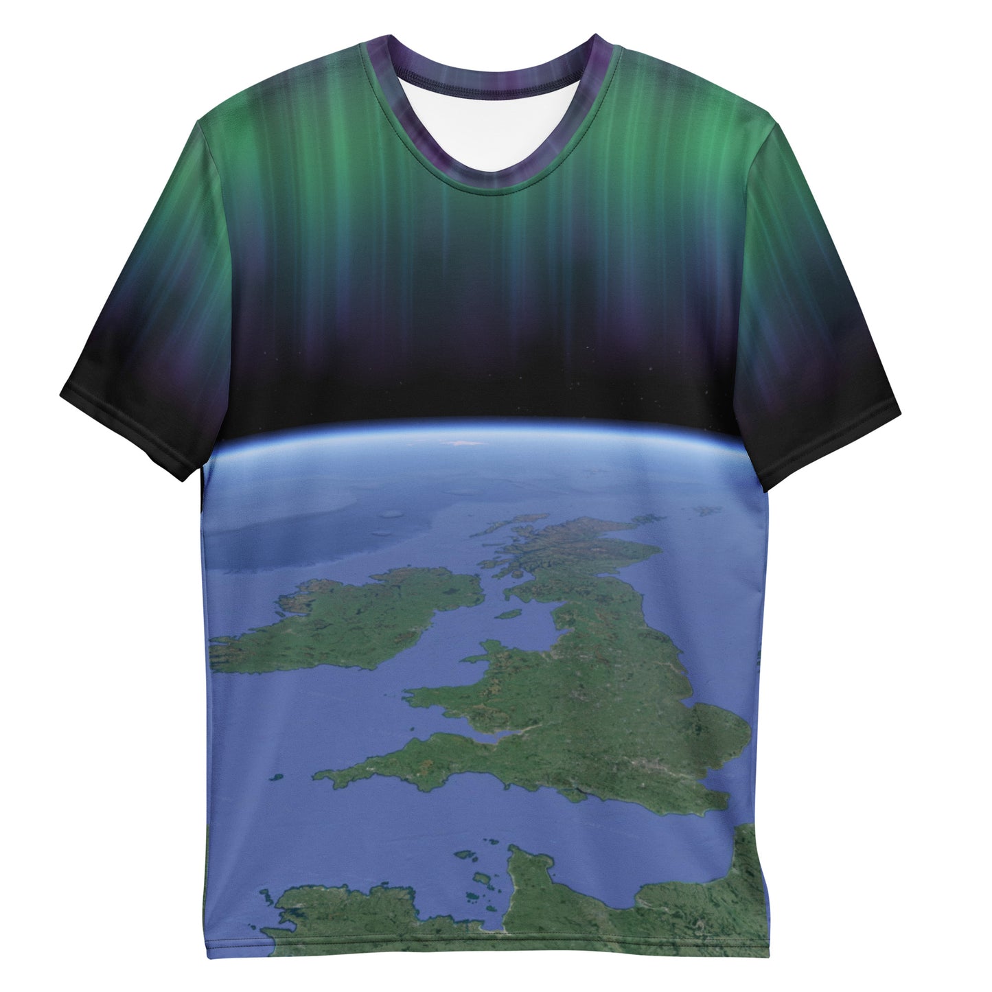 men's all over print Aurora Borealis over the British Isles t-shirt, laid flat, front view