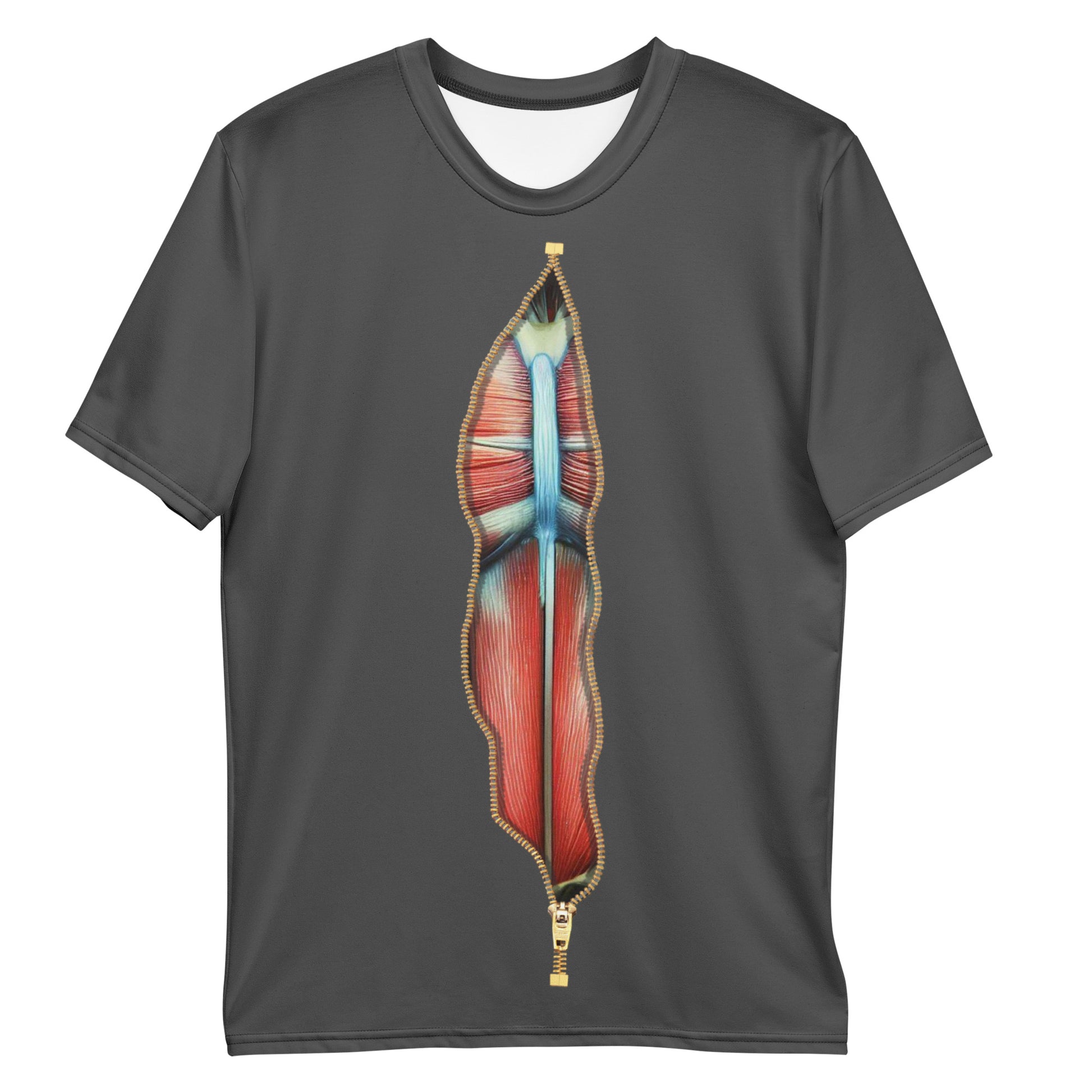 grey black t-shirt with an open zipper print revealing a skinned torso underneath, laid flat, front view