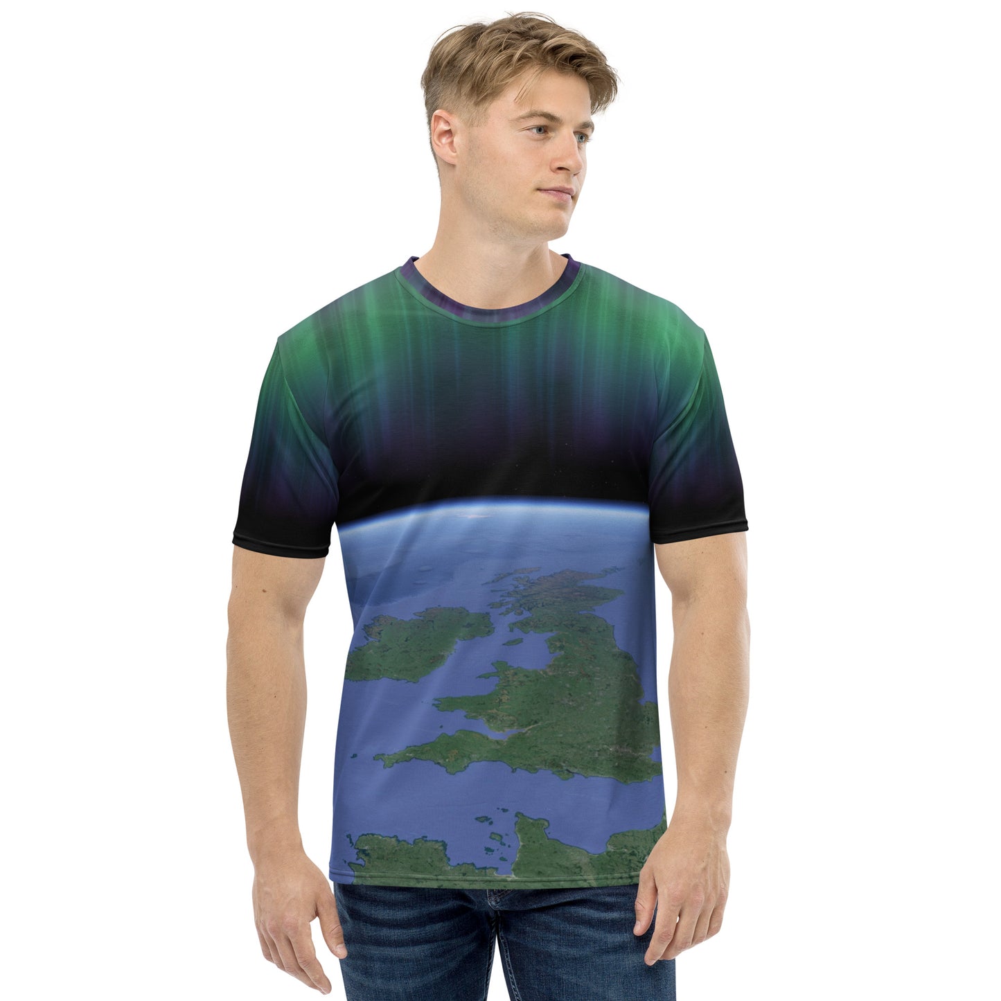 male model wearing an all over print Northern lights over the British Isles T-shirt, facing forward