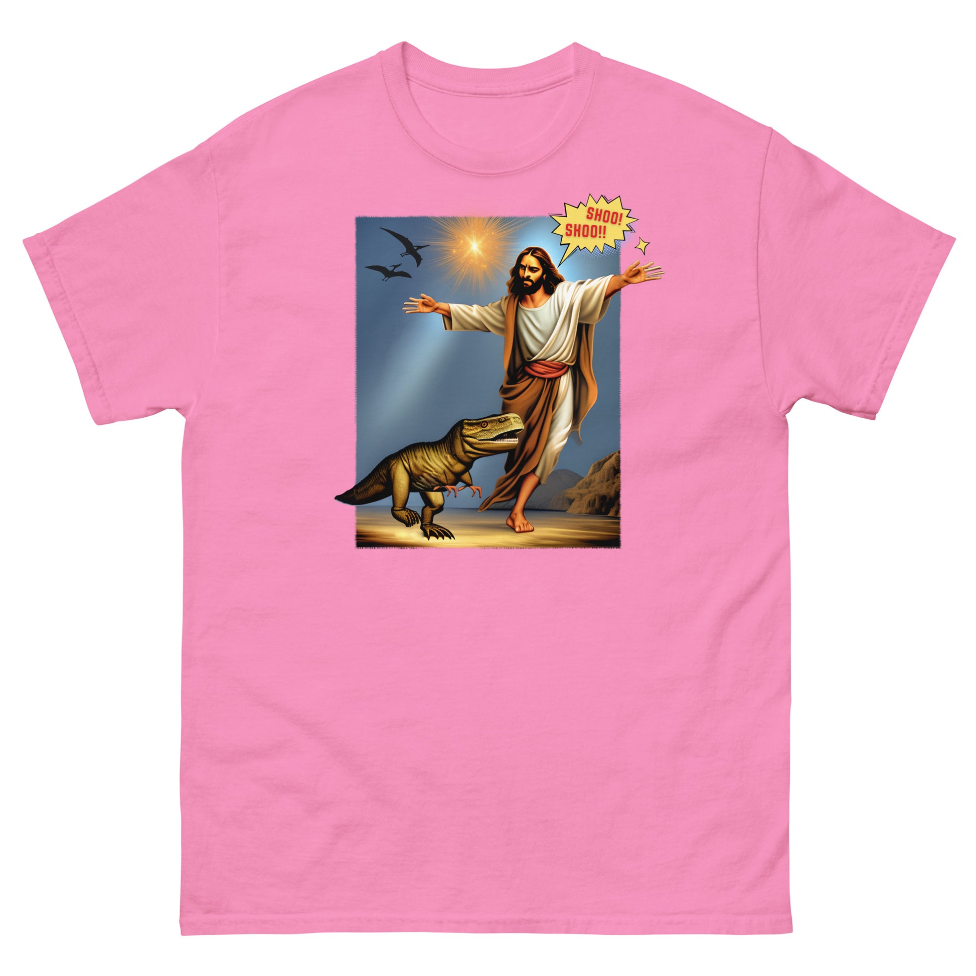 pink T-shirt featuring Jesus Shoo Shooing away a dinosaur with pterodactyls flying near a star design