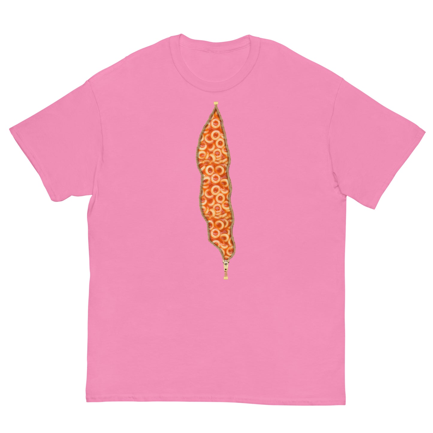 Pink Spaghetti Hoops, Spaghetti O's, Spaghetti Rings T-shirt, with an open zipper print revealing Spaghetti inside.