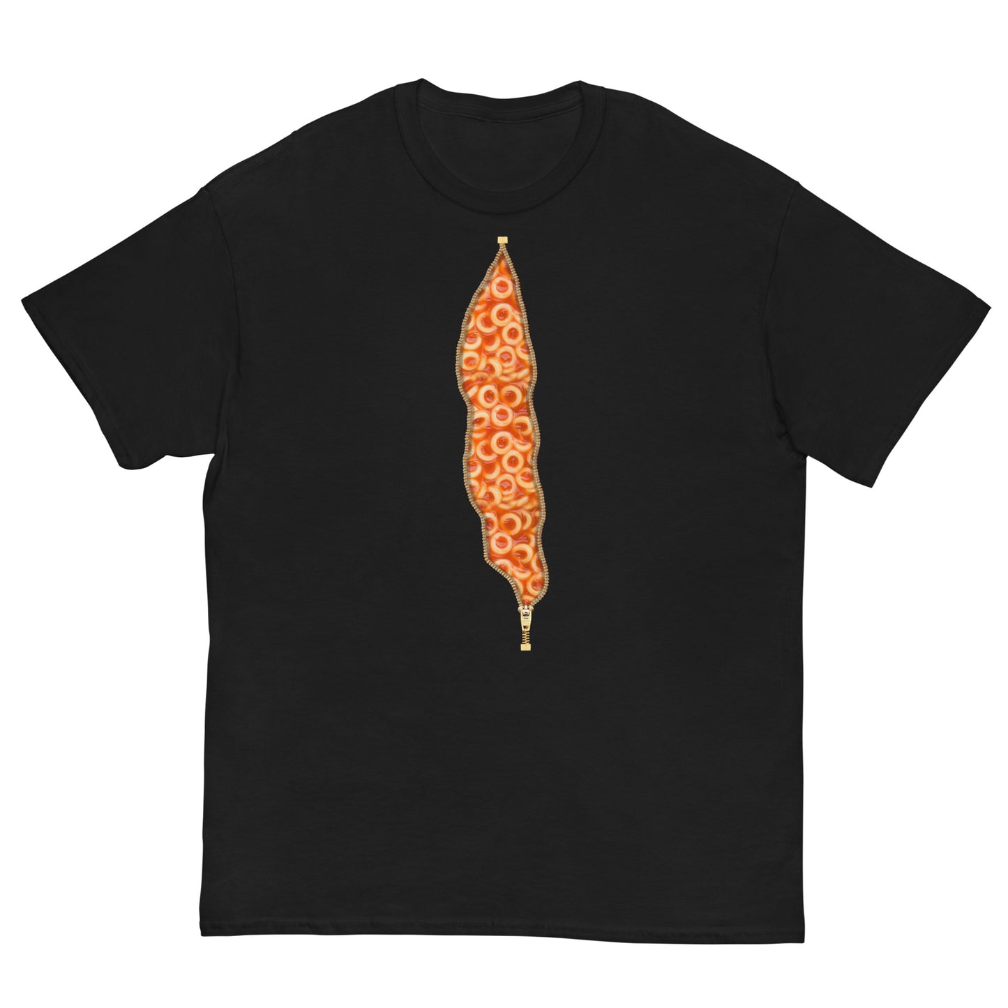 Black Spaghetti Hoops, Spaghetti O's, Spaghetti Rings T-shirt, with an open zipper print revealing Spaghetti inside.