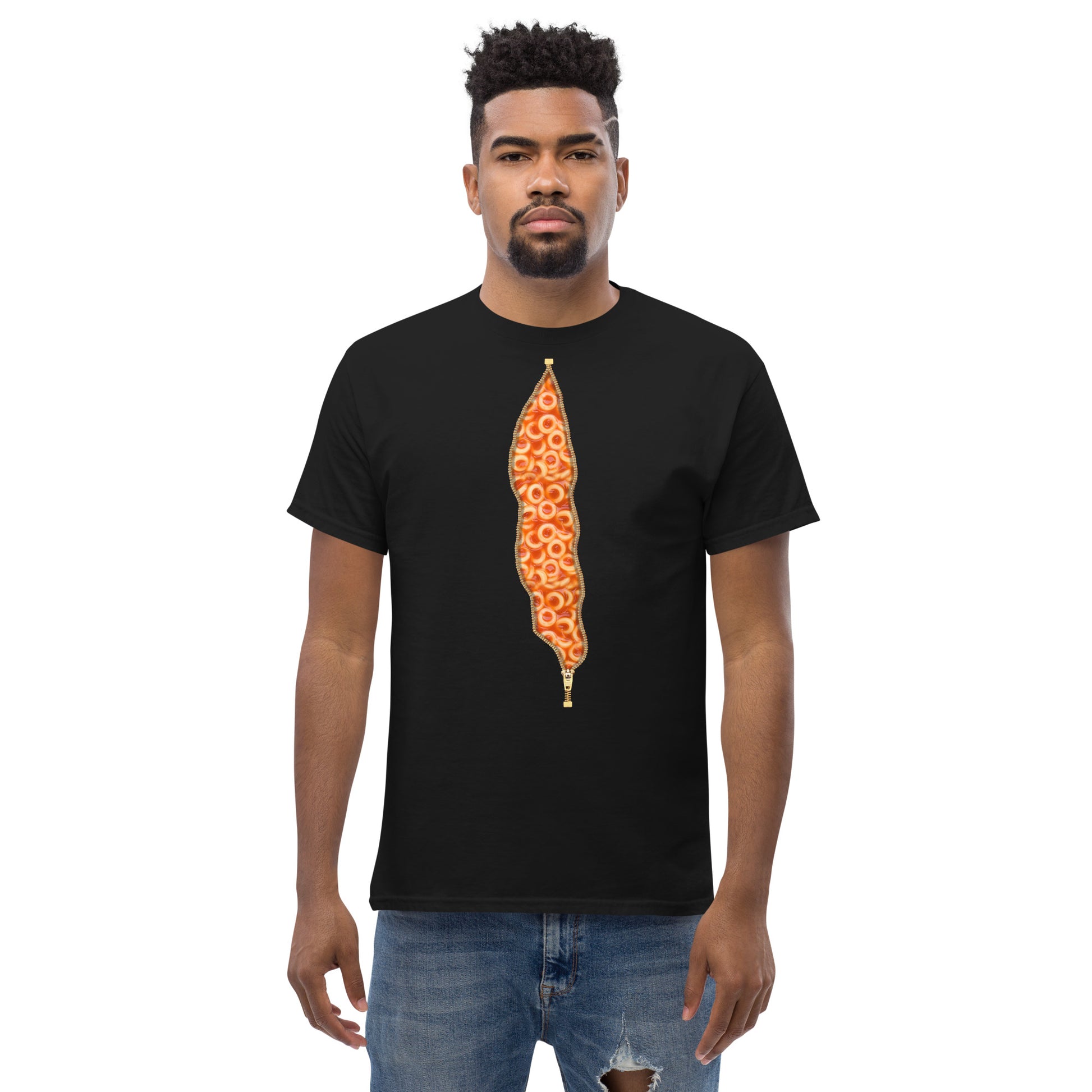 Man wearing Black Spaghetti Hoops, Spaghetti O's, Spaghetti Rings T-shirt, with an open zipper print revealing Spaghetti inside.