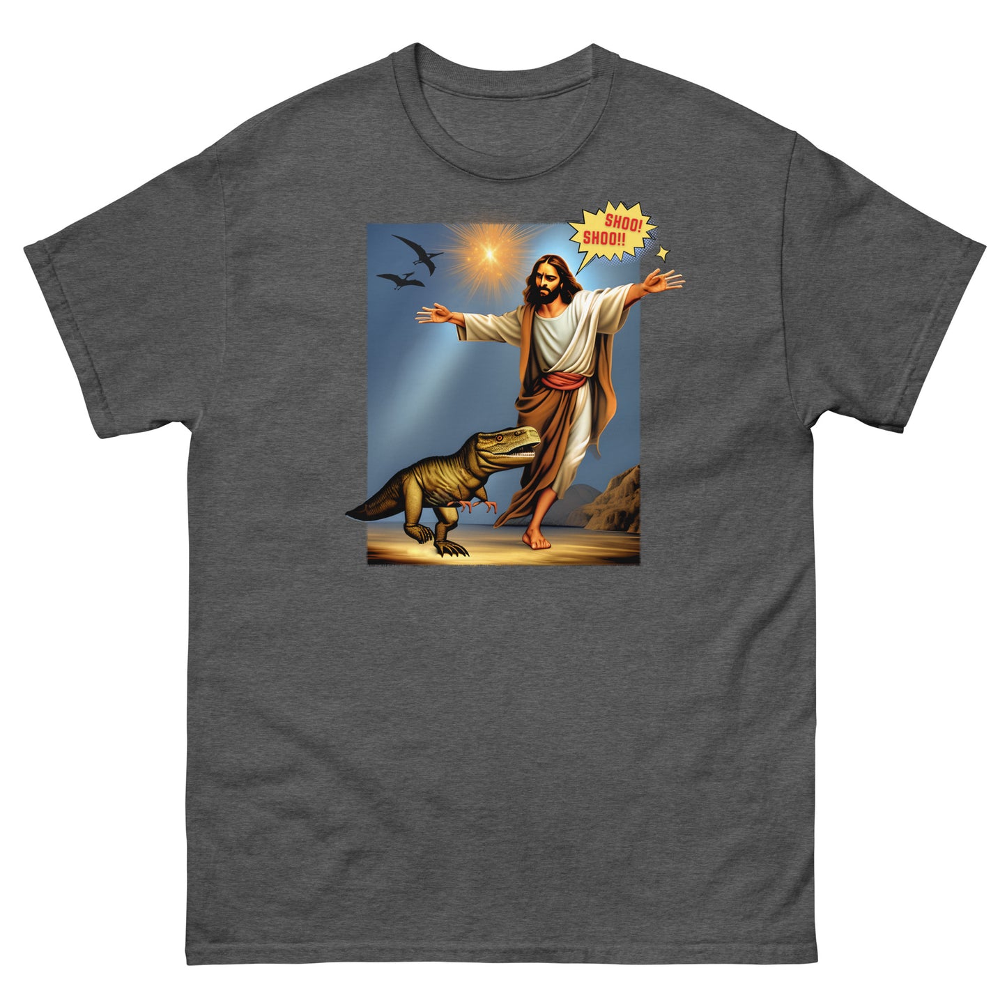 dark grey T-shirt featuring Jesus Shoo Shooing away a dinosaur with pterodactyls flying near a star design