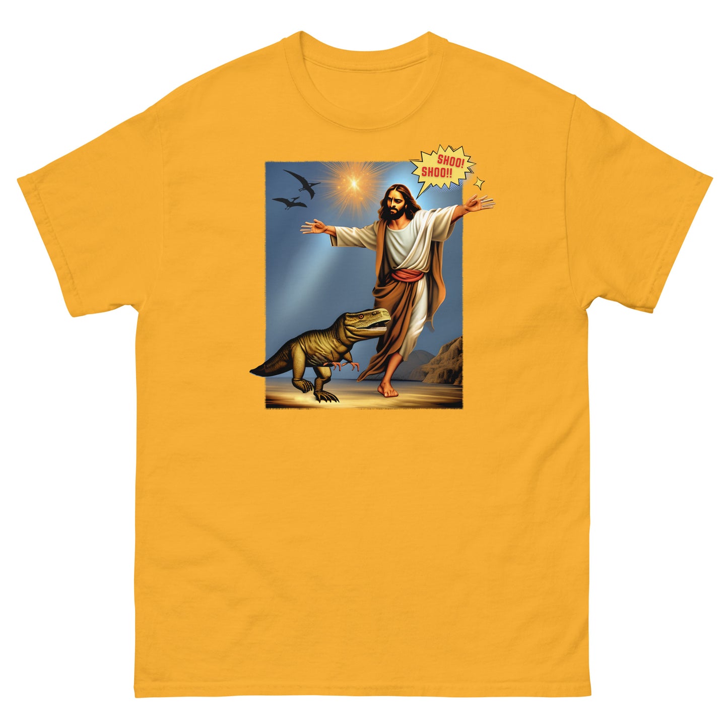 gold T-shirt featuring Jesus Shoo Shooing away a dinosaur with pterodactyls flying near a star design