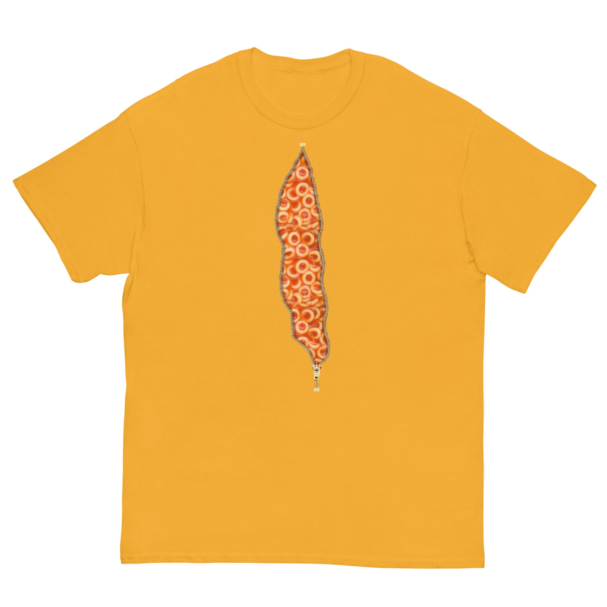 Gold Yellow shirt, Spaghetti Hoops, Spaghetti O's, Spaghetti Rings T-shirt, with an open zipper print revealing Spaghetti inside.