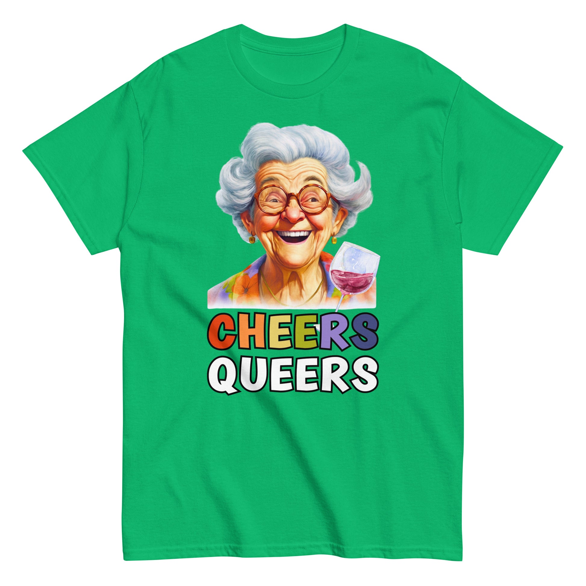 Funny Cheers Queers! T-shirt with an illustration of an elderly lady laughing and raising a glass, irish green