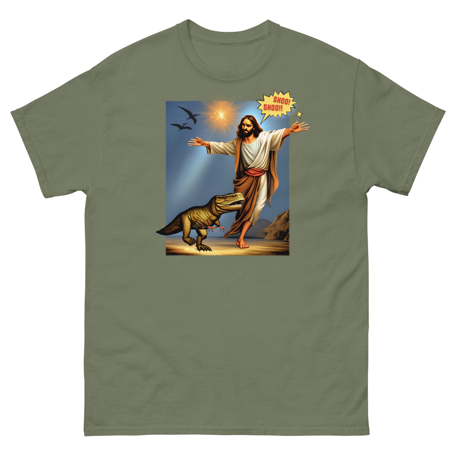 military green T-shirt featuring Jesus Shoo Shooing away a dinosaur with pterodactyls flying near a star design