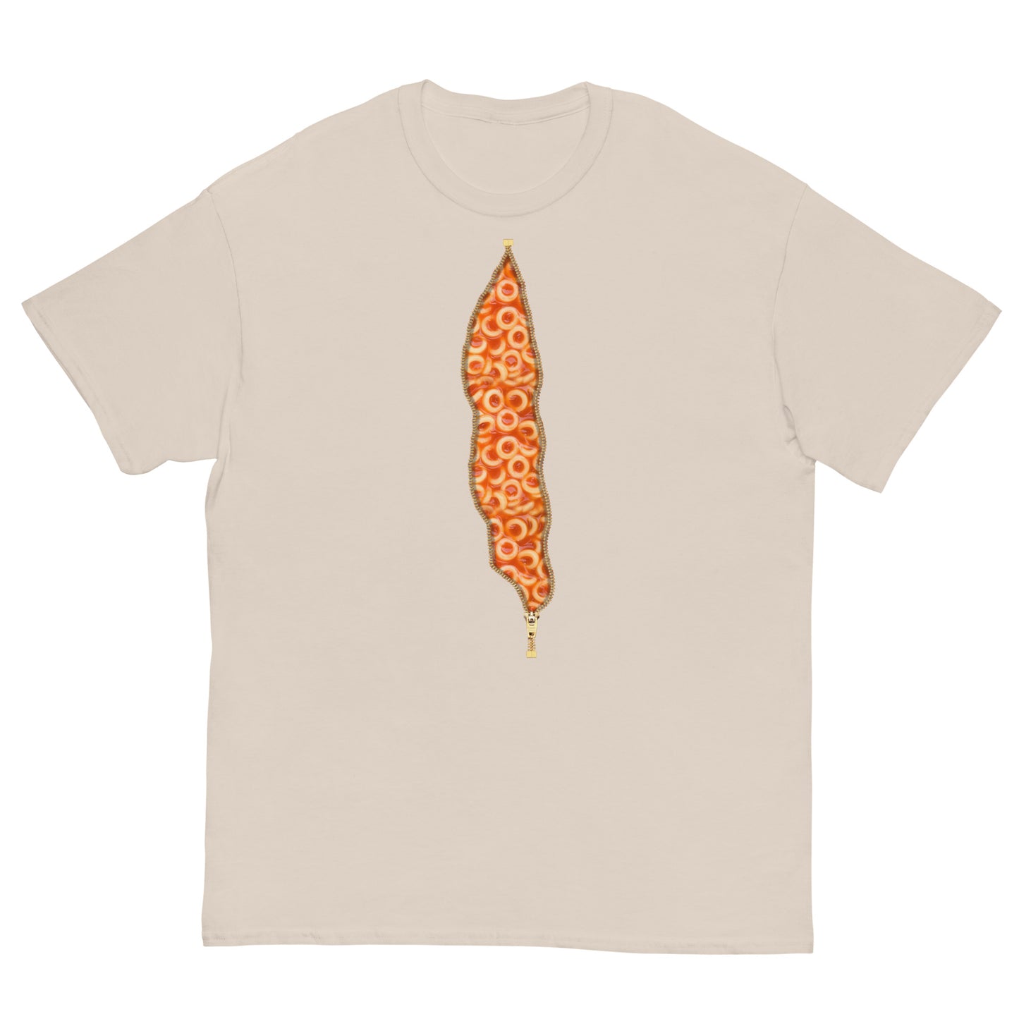 Natural color, Spaghetti Hoops, Spaghetti O's, Spaghetti Rings T-shirt, with an open zipper print revealing Spaghetti inside.