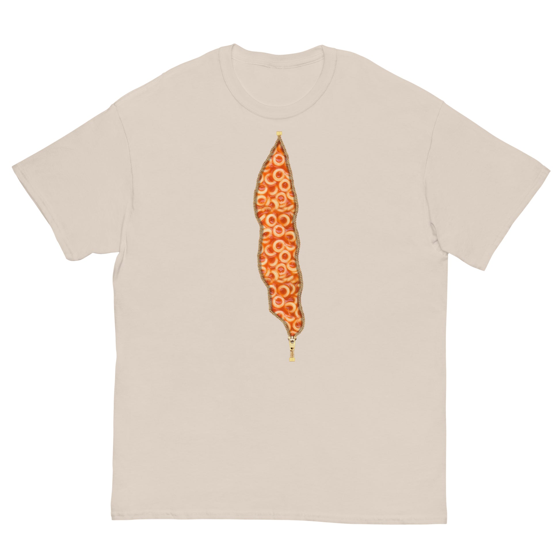 Natural color, Spaghetti Hoops, Spaghetti O's, Spaghetti Rings T-shirt, with an open zipper print revealing Spaghetti inside.