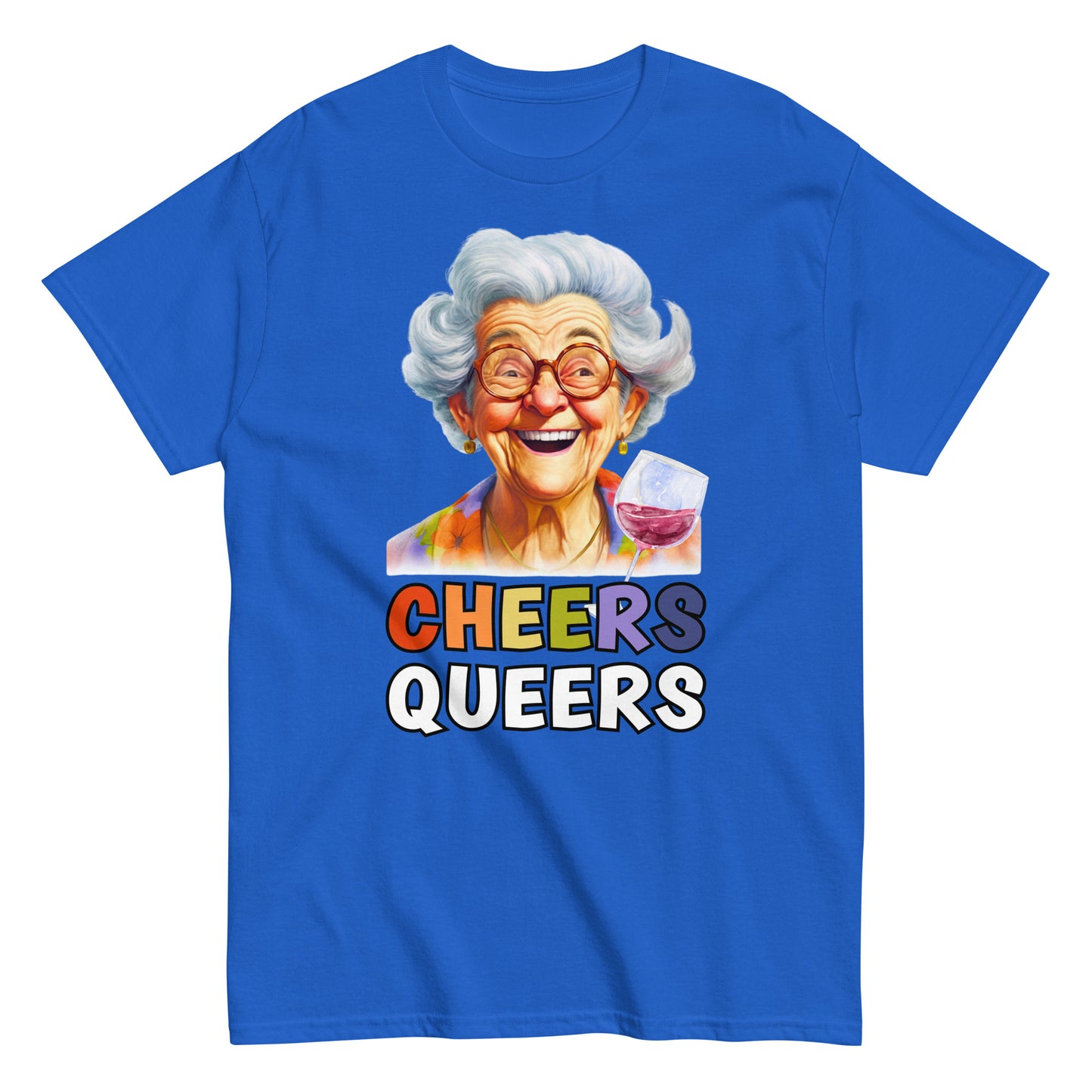 Funny Cheers Queers! T-shirt with an illustration of an elderly lady laughing and raising a glass, royal blue