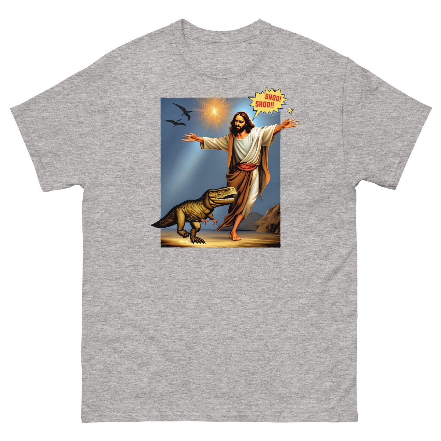 sport grey T-shirt featuring Jesus Shoo Shooing away a dinosaur with pterodactyls flying near a star design