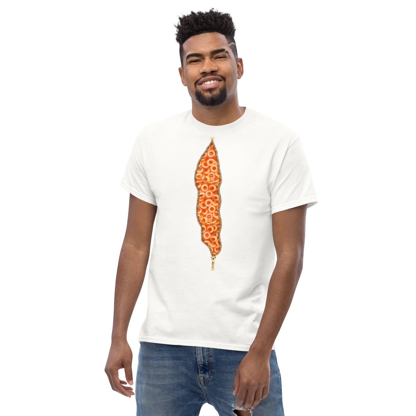 Man wearing white Spaghetti Hoops, Spaghetti O's, Spaghetti Rings T-shirt, with an open zipper print revealing Spaghetti inside.