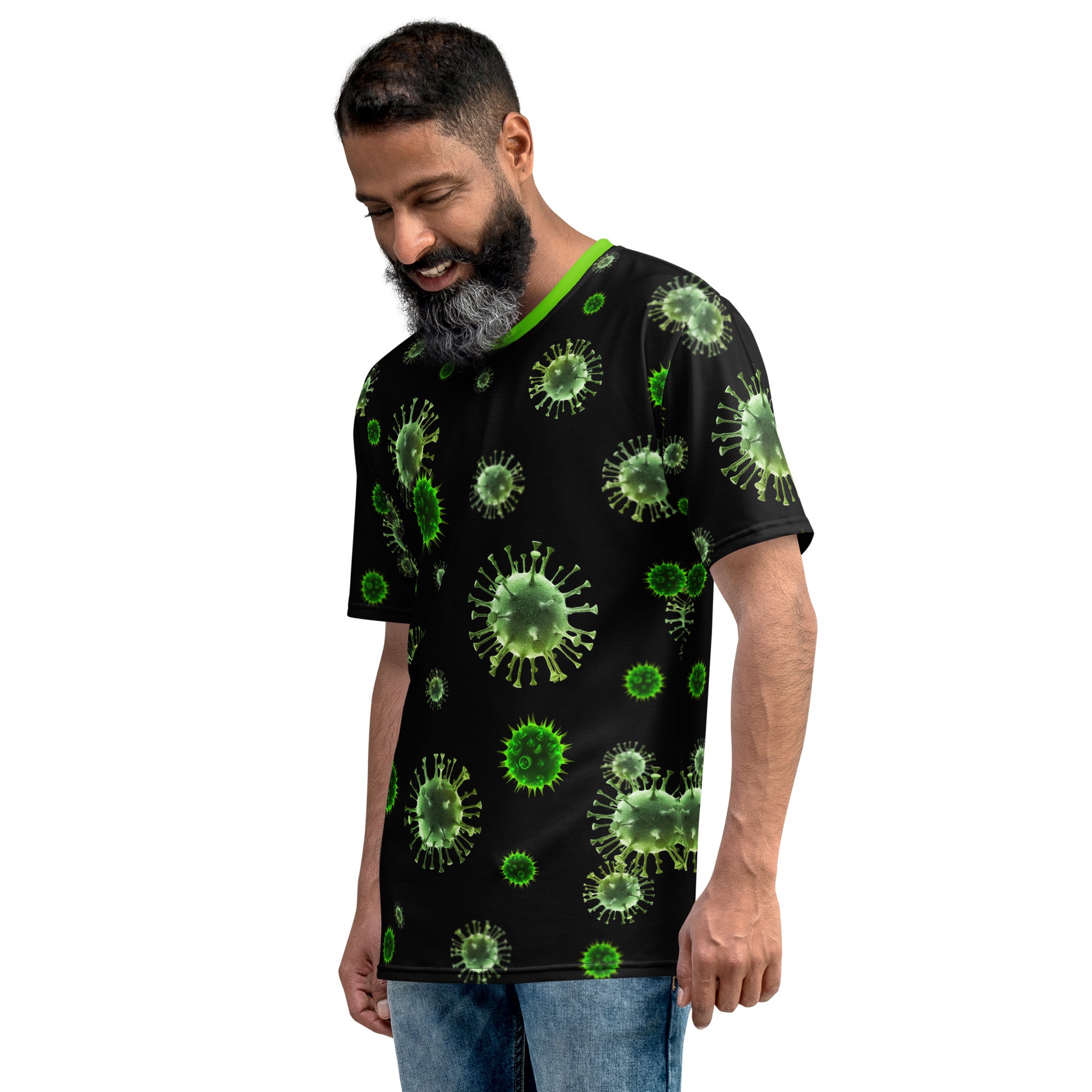 man wearing Virus microbes novelty all over print men's t-shirt front left view