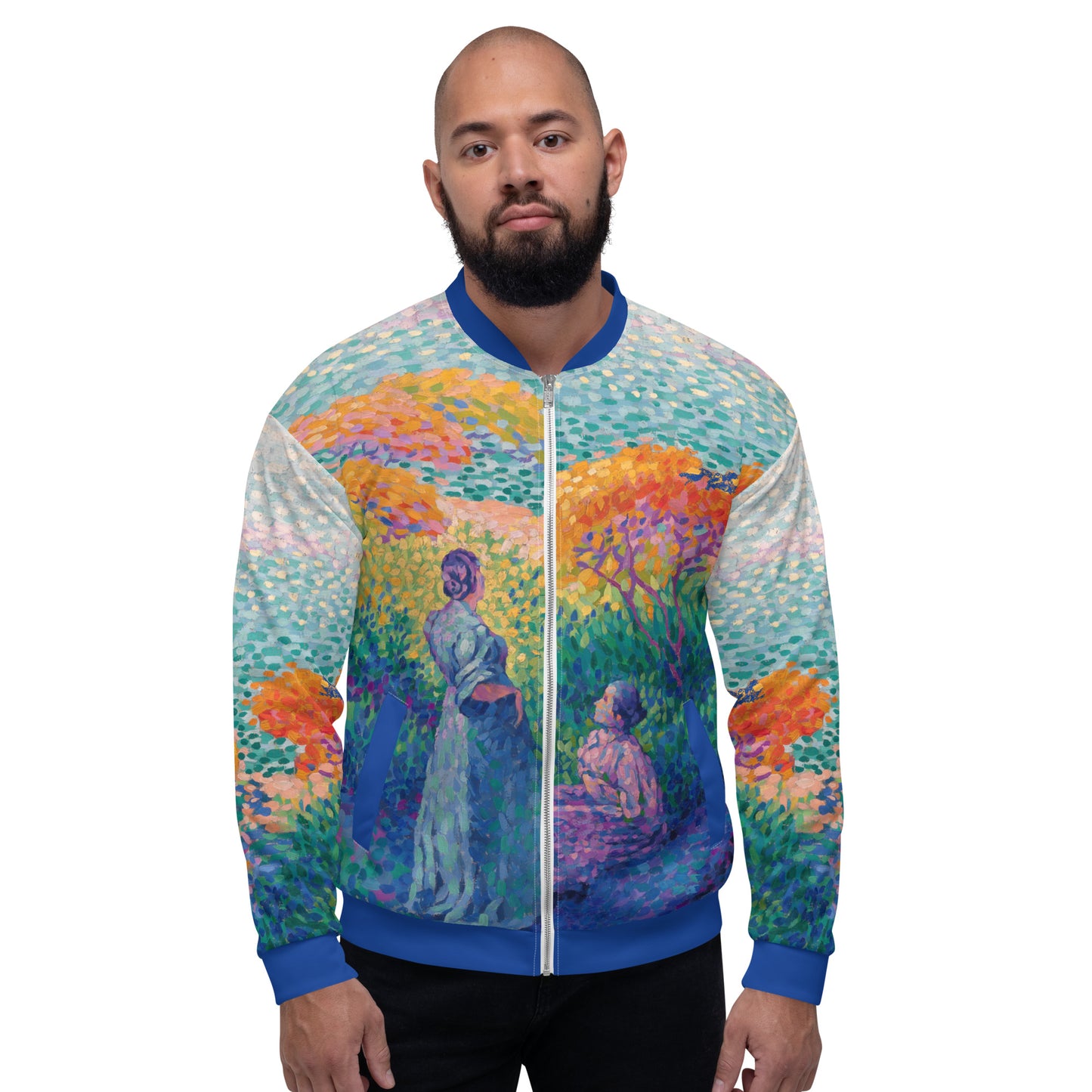 Unisex lightweight all over print bomber jacket featuring Henri Edmond Cross 'Two Women By The Shore'. Male model front view.