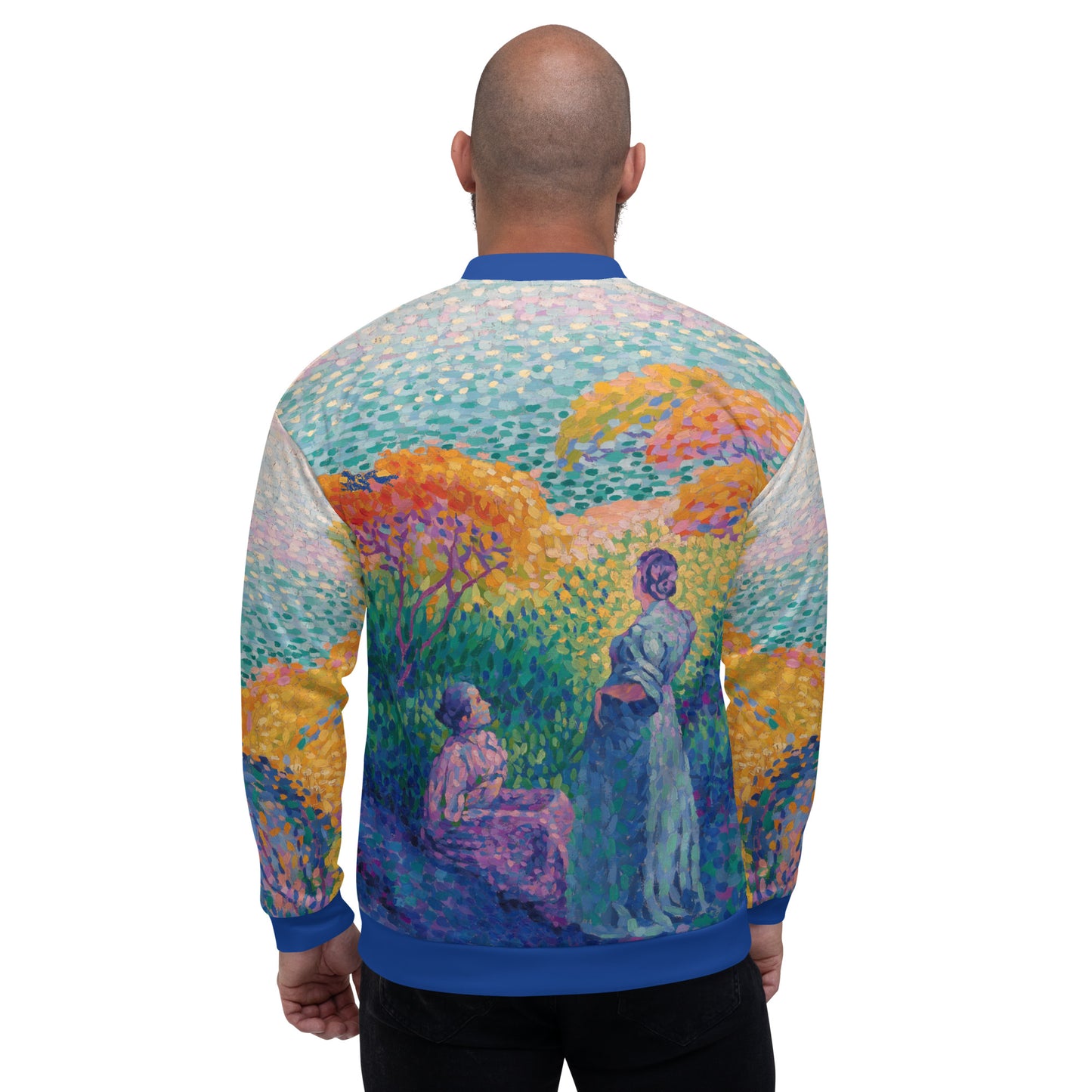 Unisex lightweight all over print bomber jacket featuring Henri Edmond Cross 'Two Women By The Shore'. Male model rear view.