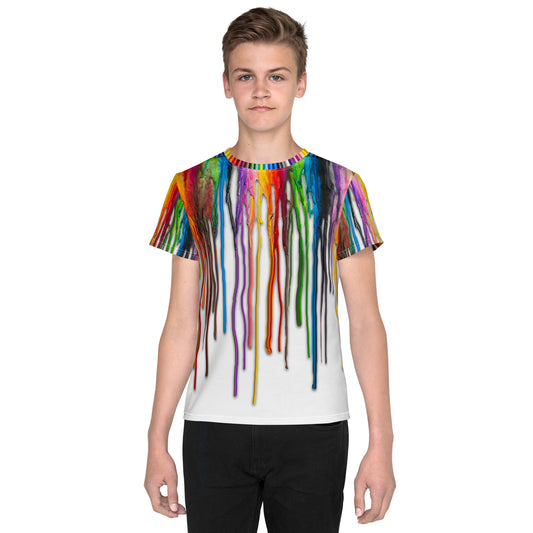 Teenage boy wearing an all over print Melted Crayons Dripping down the shirt T-shirt, front view.