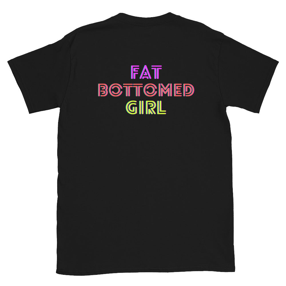 Black T-shirt with Fat Bottomed Girl on the front and the back of the shirt. laid flat back of shirt